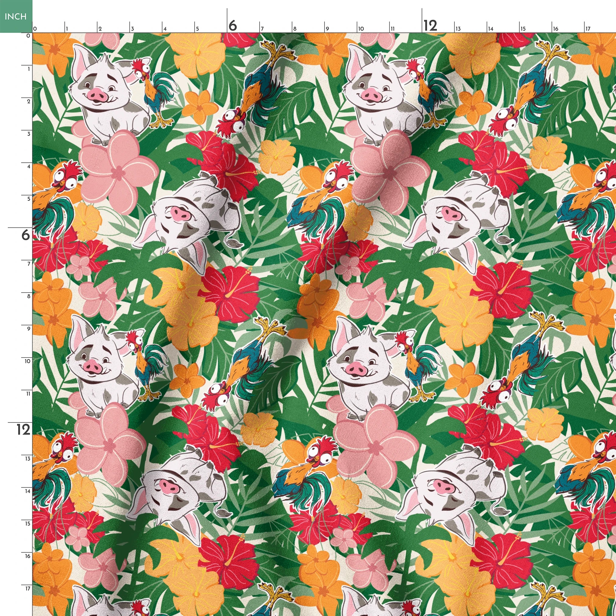 Cartoon pigs peeking through vibrant tropical flowers in red, orange, yellow, and pink among green foliage springs ruler 18x18