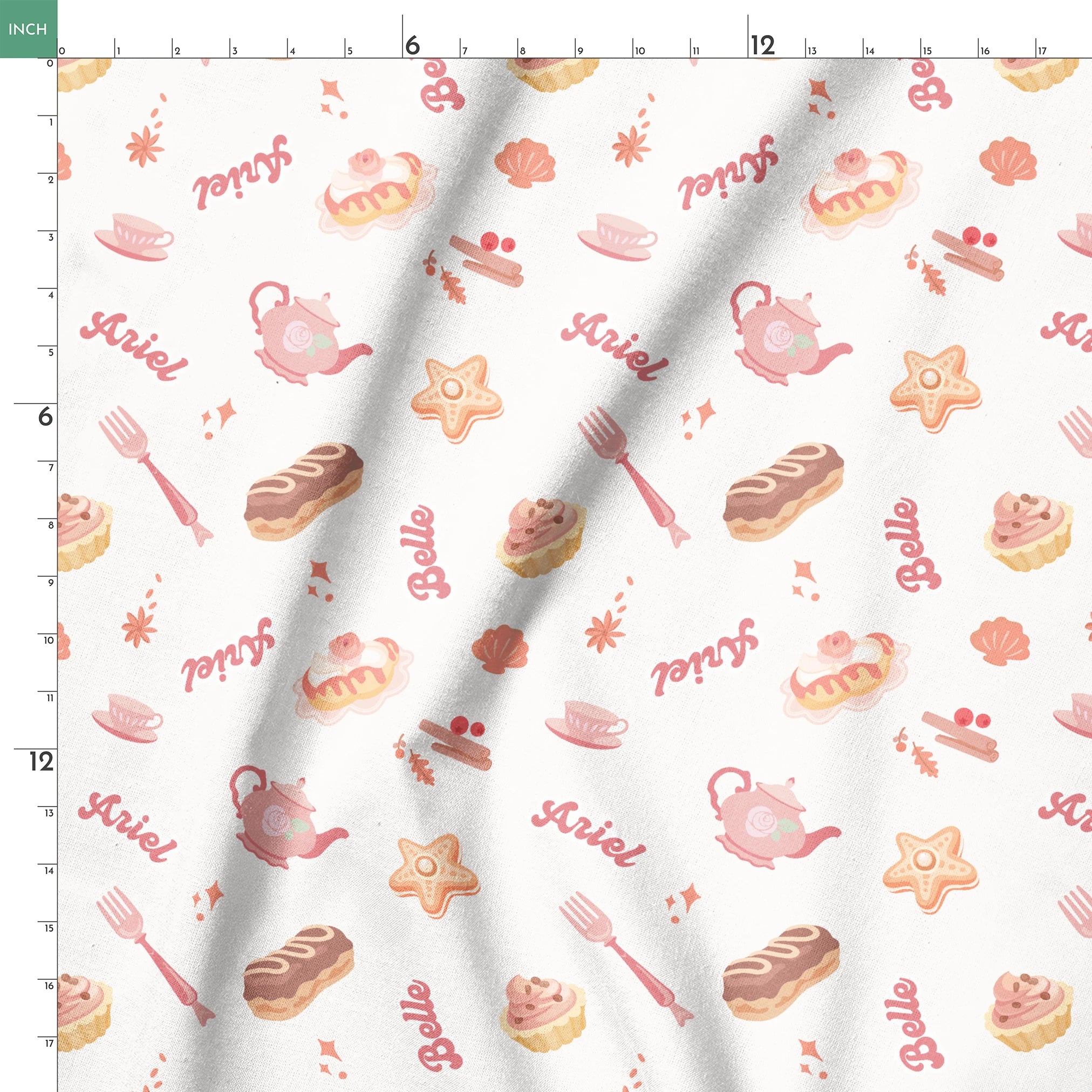 Disney Princess bakery pattern with desserts, teapot, teacup, and text on cream background springs ruler 18x18