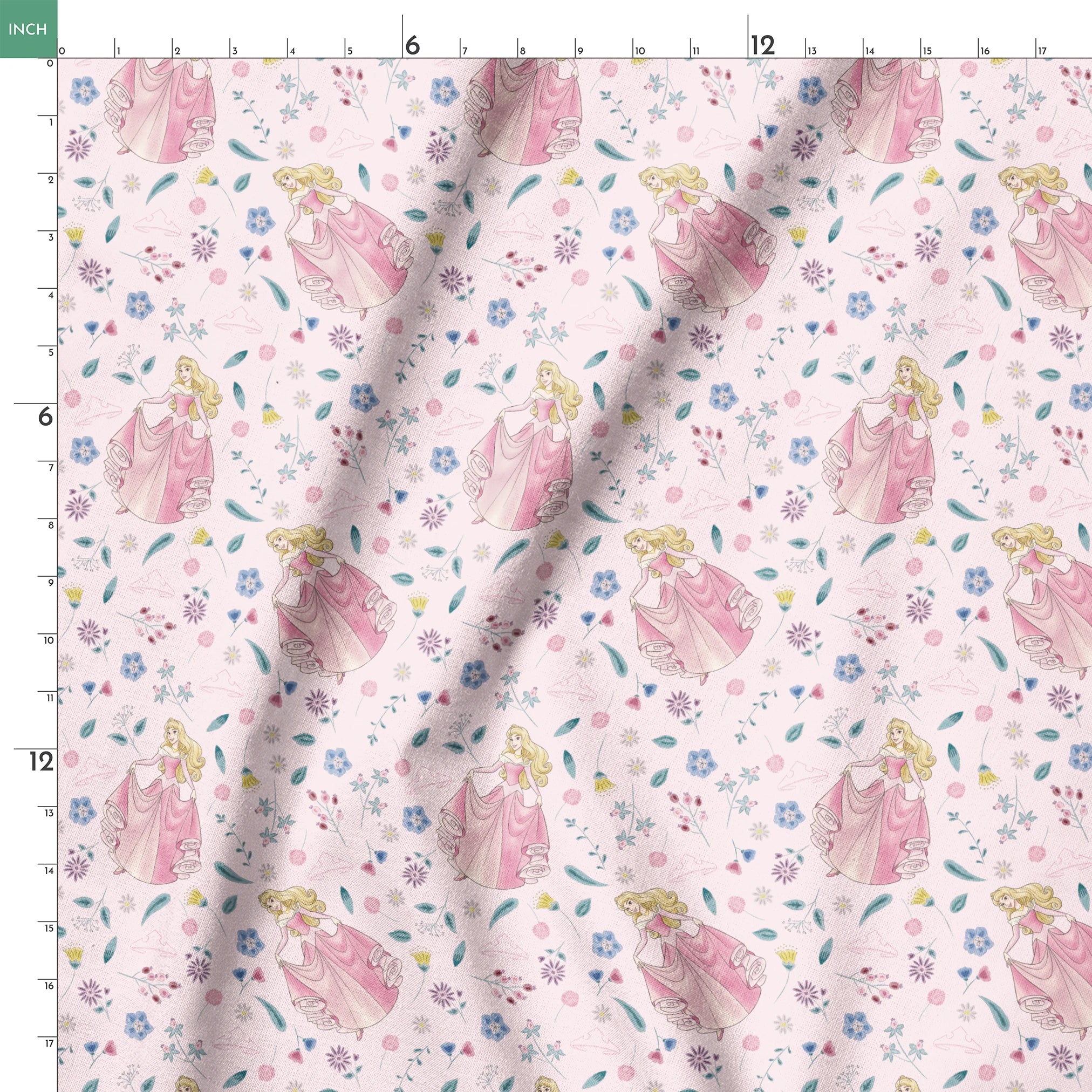 Disney's Sleeping Beauty surrounded by scattered flowers and leaves on light pink background springs ruler 18x18