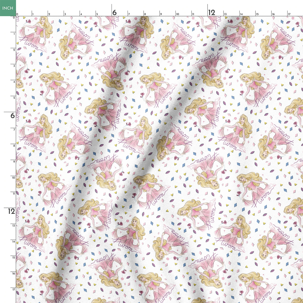Pattern of Sleeping Beauty, surrounded by colorful diamond shapes on white background springs ruler 18x18