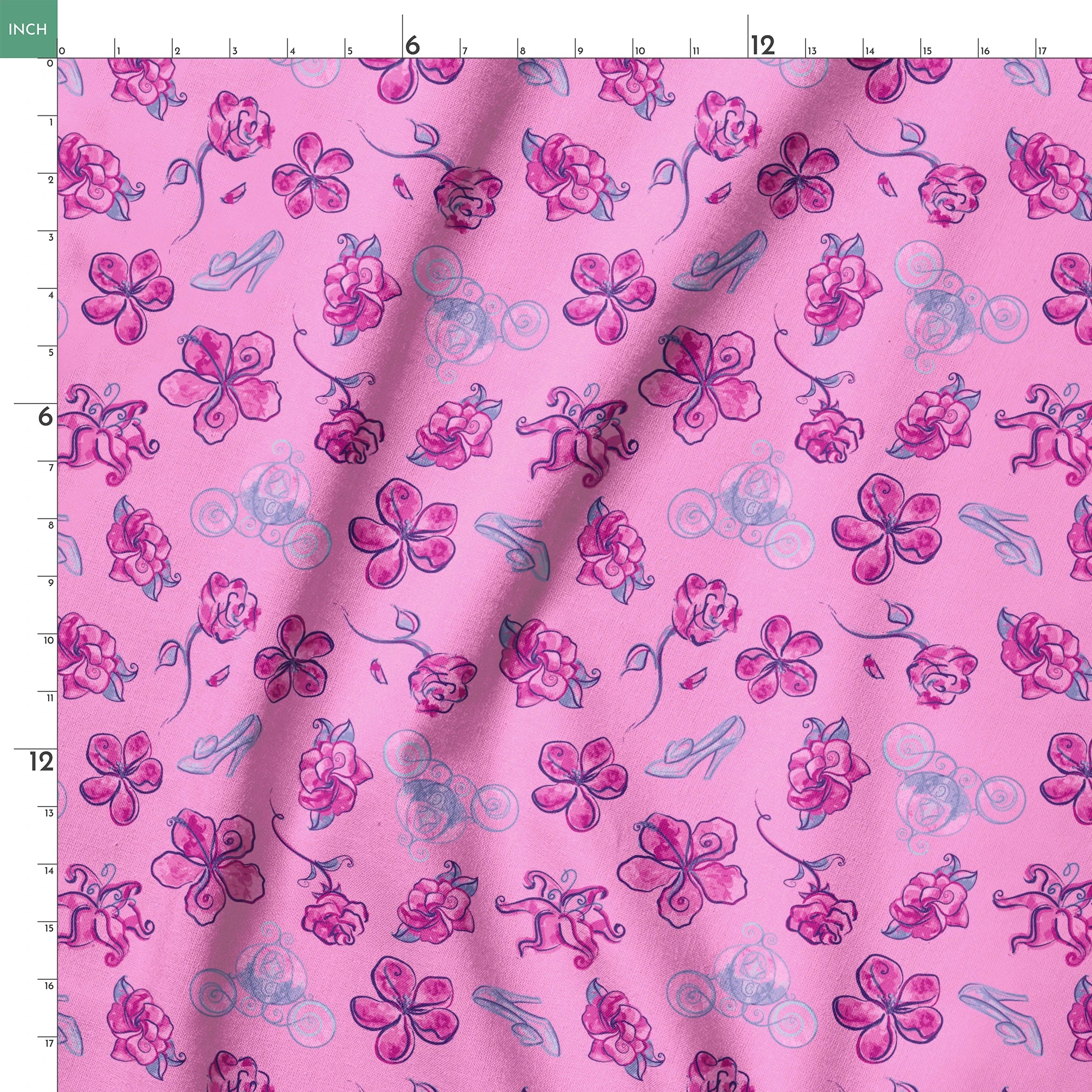 Whimsical Cinderella pattern of purple flowers, roses, and glass slipper outlines on pink background springs ruler 18x18