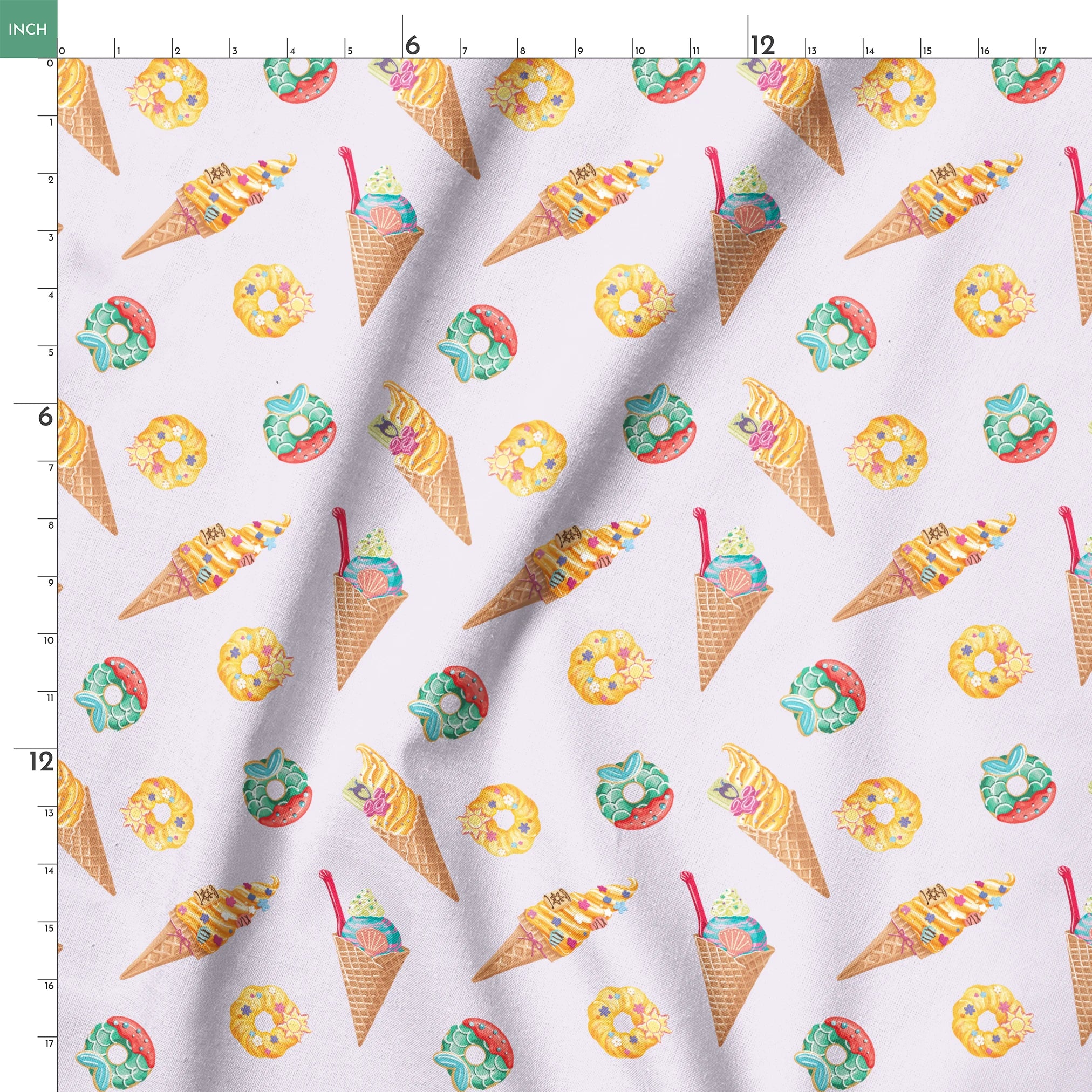 Colorful Disney Princess-inspired ice cream cones and donuts in pastel colors on light purple background springs ruler 18x18