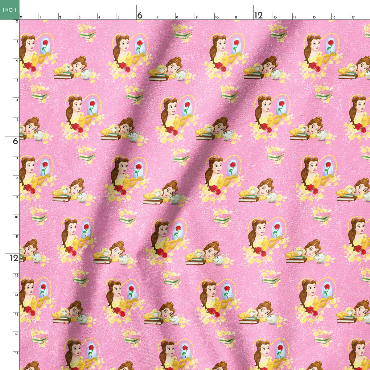 Repeating pattern of Disney's Belle character with enchanted rose and books on pink sparkly background springs ruler 18x18