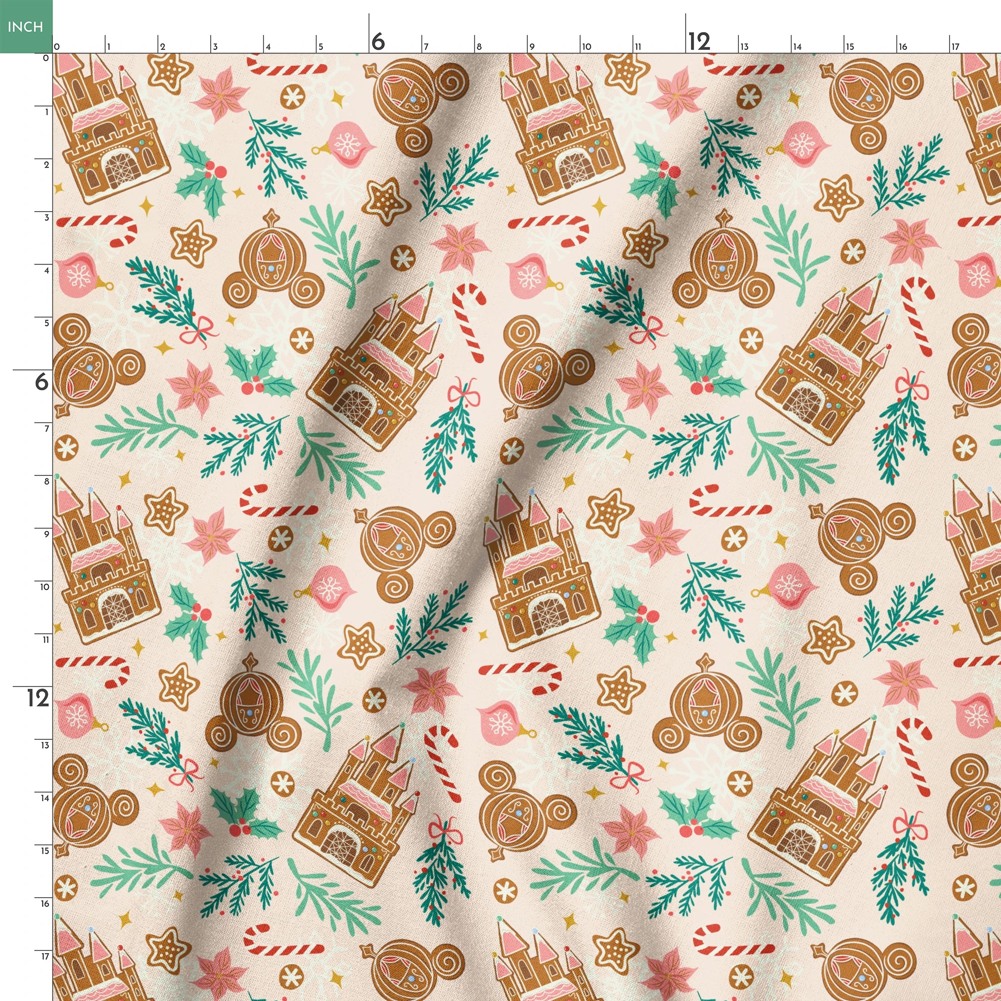 Disney Christmas pattern with gingerbread castles, carriages, candy canes, stars, and pine sprigs in holiday colors springs ruler 18x18