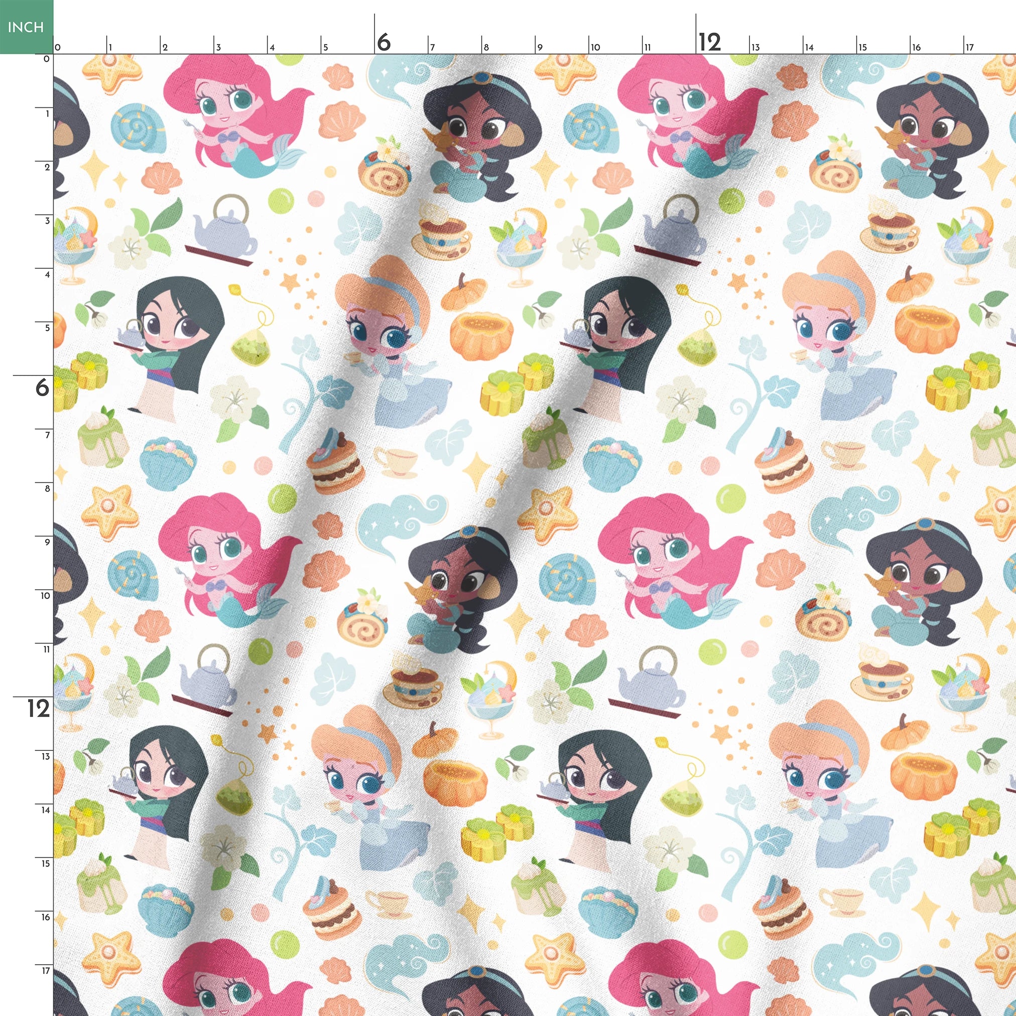 Disney Princess pattern with iconic characters, teapots, shells, sweets and gift boxes on white background springs ruler 18x18