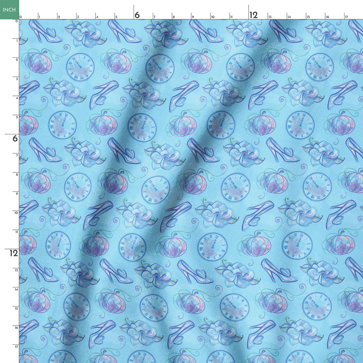 Whimsical Cinderella-themed pattern with glass slippers, pumpkins, clocks, and ribbons in soft blue and purple tones springs ruler 18x18