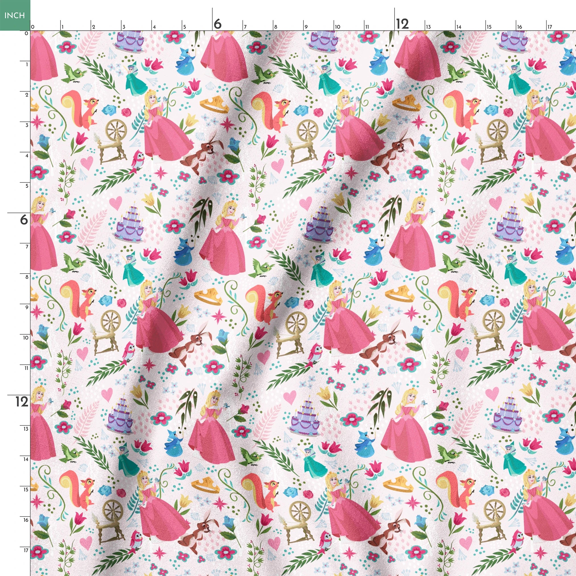 Colorful Sleeping Beauty pattern with Aurora, animals, flowers, spinning wheel, and cake on light background springs ruler 18x18