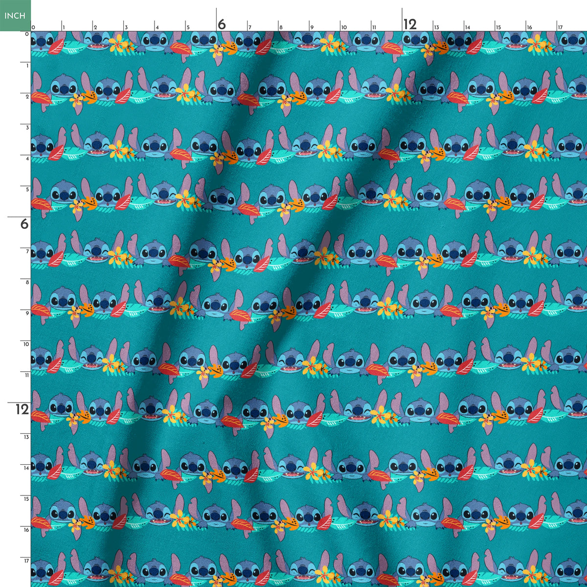 Repeating stripe design with Disney’s Stitch peeking between rows of tropical hibiscus flowers and colorful leaves on a teal background. springs ruler 18x18