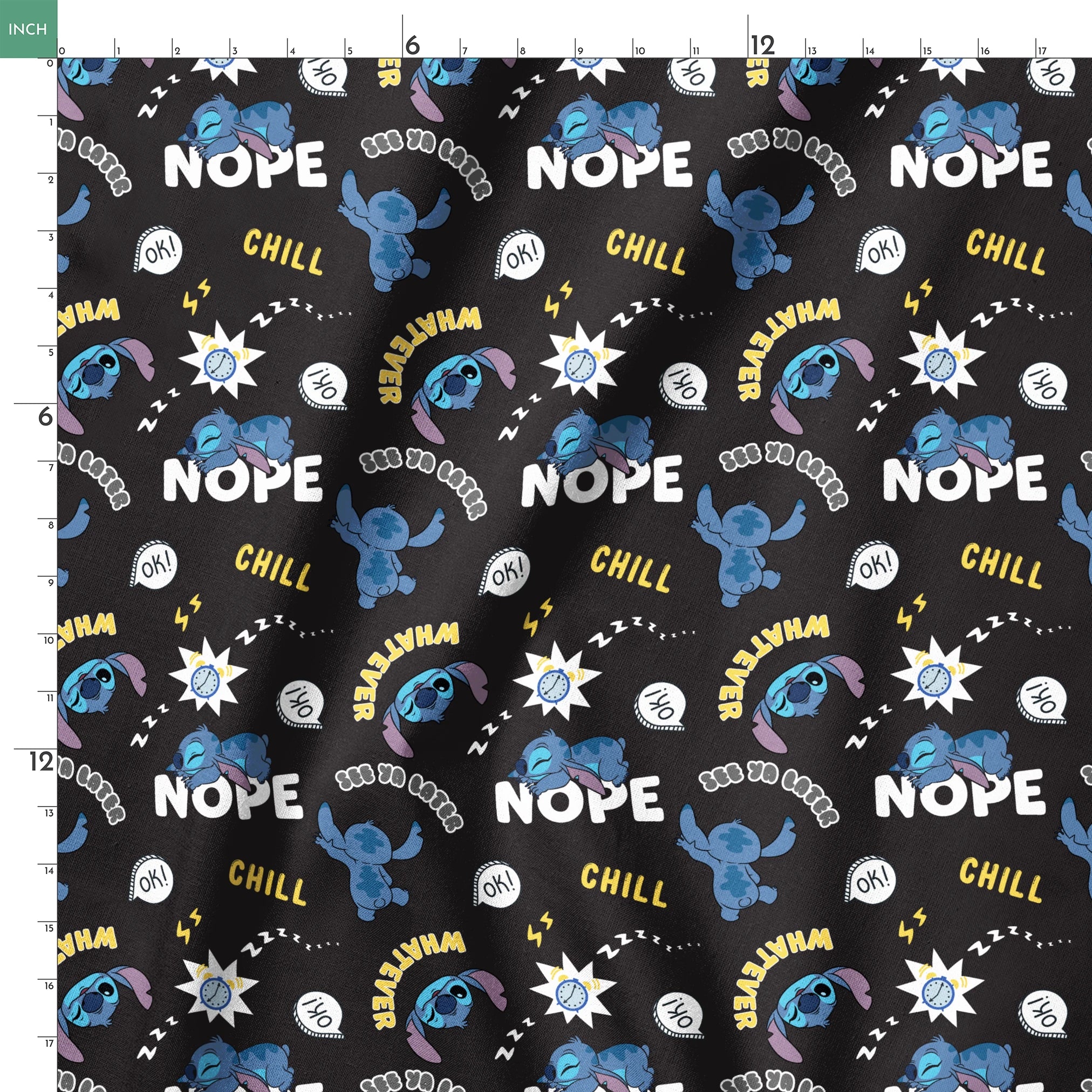 Disney Stitch pattern on black background with text "NOPE," "CHILL," "OK!" and sleep symbols springs ruler 18x18