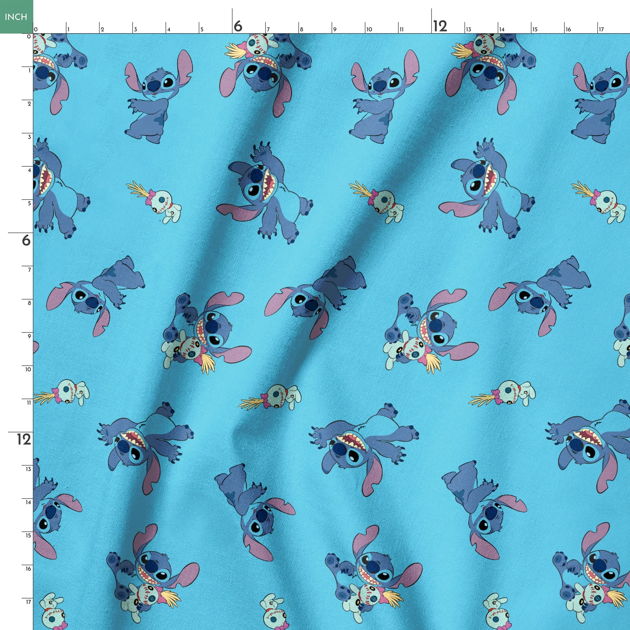 Disney’s Stitch and Scrump in various playful poses scattered across a light blue background with small tropical flowers. springs ruler 18x18