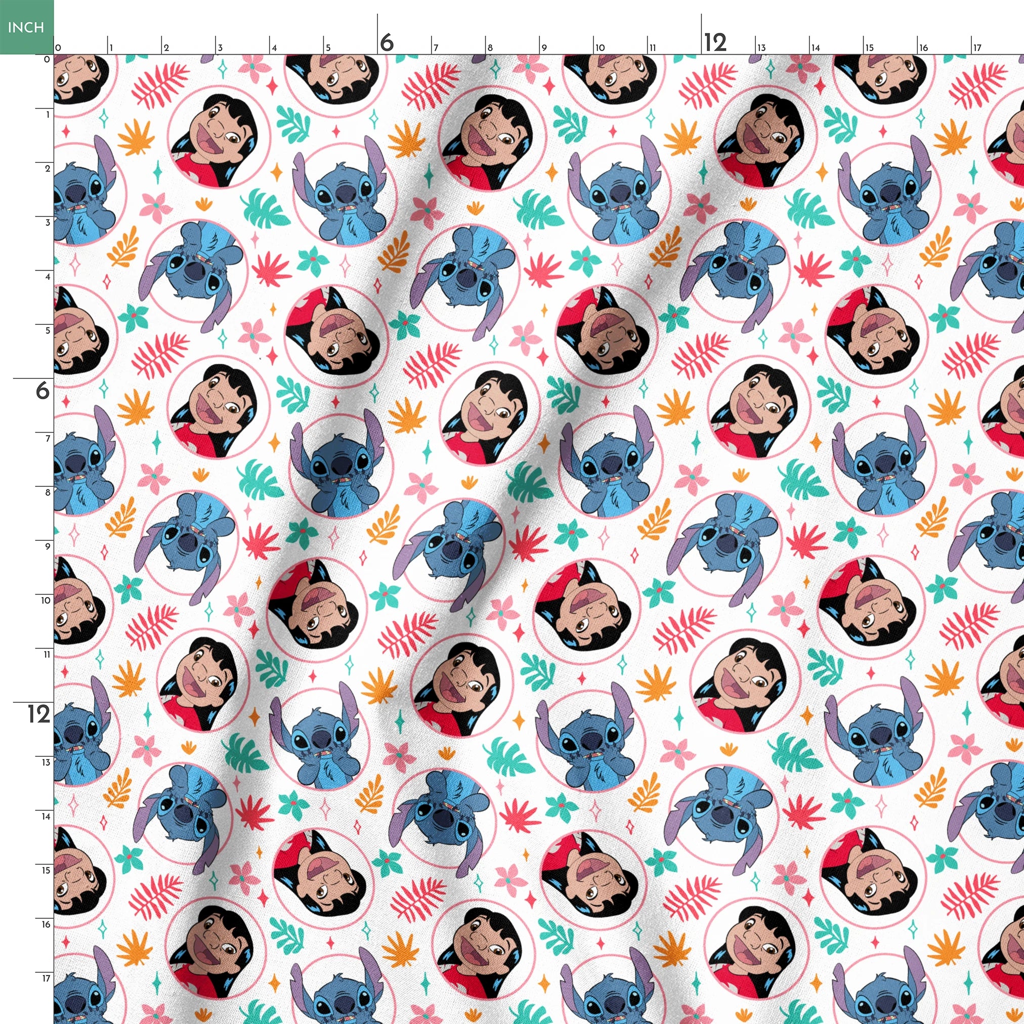 Colorful cartoon pattern with Lilo and Stitch in circles, surrounded by tropical leaves and stars springs ruler 18x18