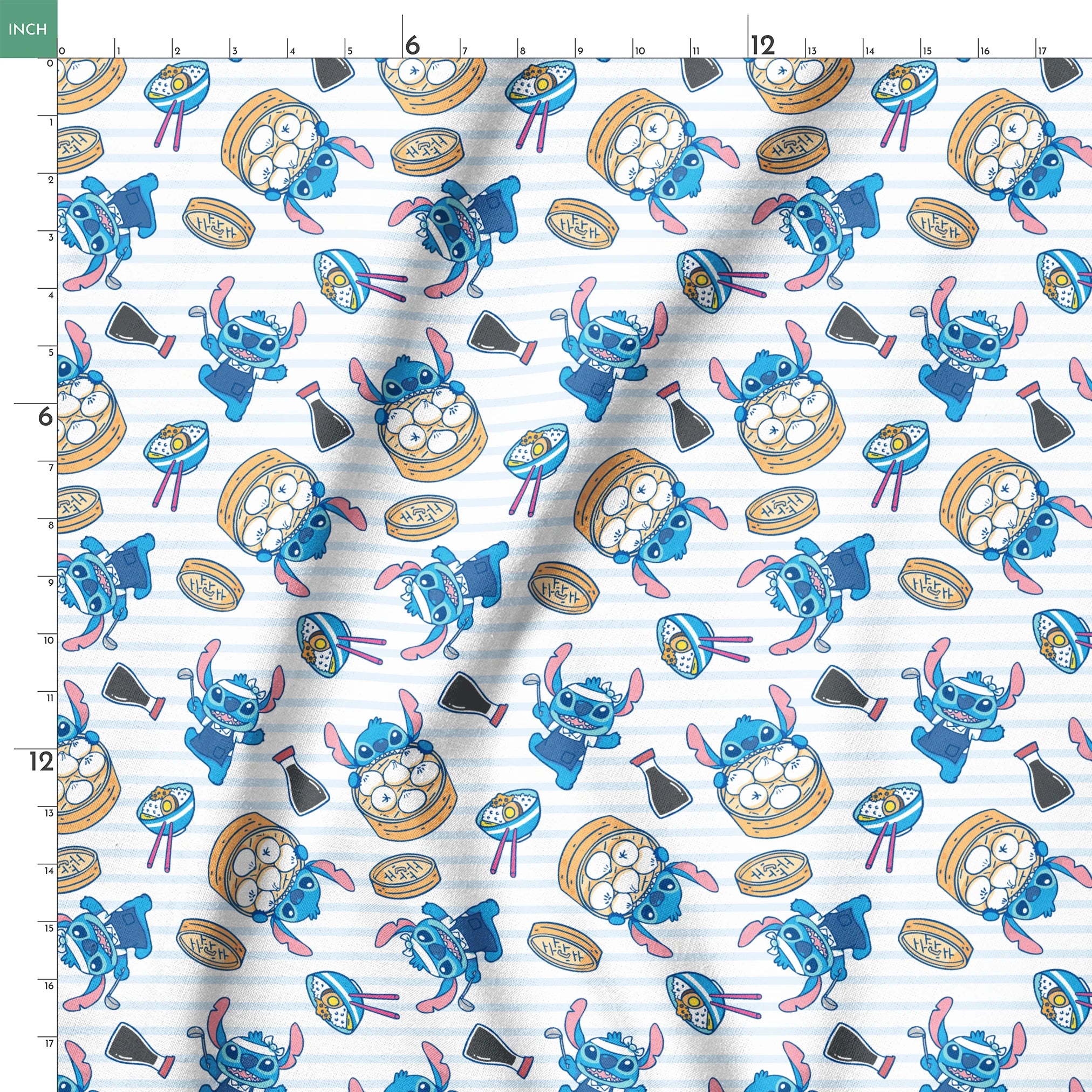 Cartoon Stitch with Chinese dim sum and dumplings on light blue striped background springs ruler 18x18
