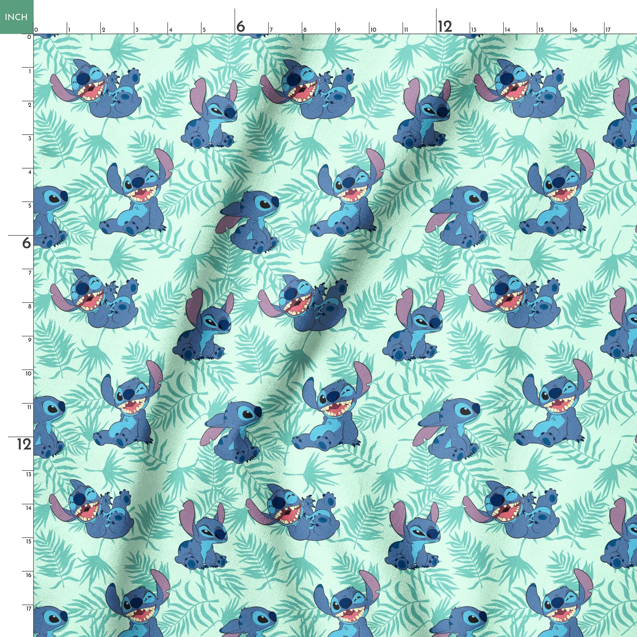 Blue cartoon alien character Stitch in various playful poses against mint green tropical leaf pattern background springs ruler 18x18