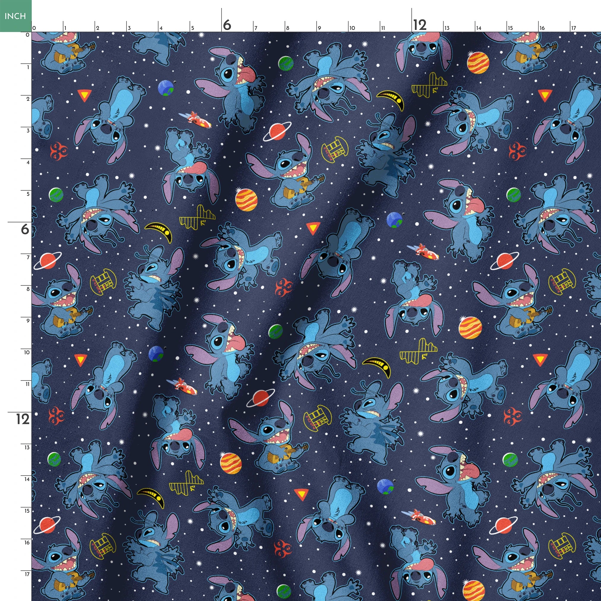 Disney's Stitch floating in space with planets, stars, and spaceships on dark background pattern springs ruler 18x18
