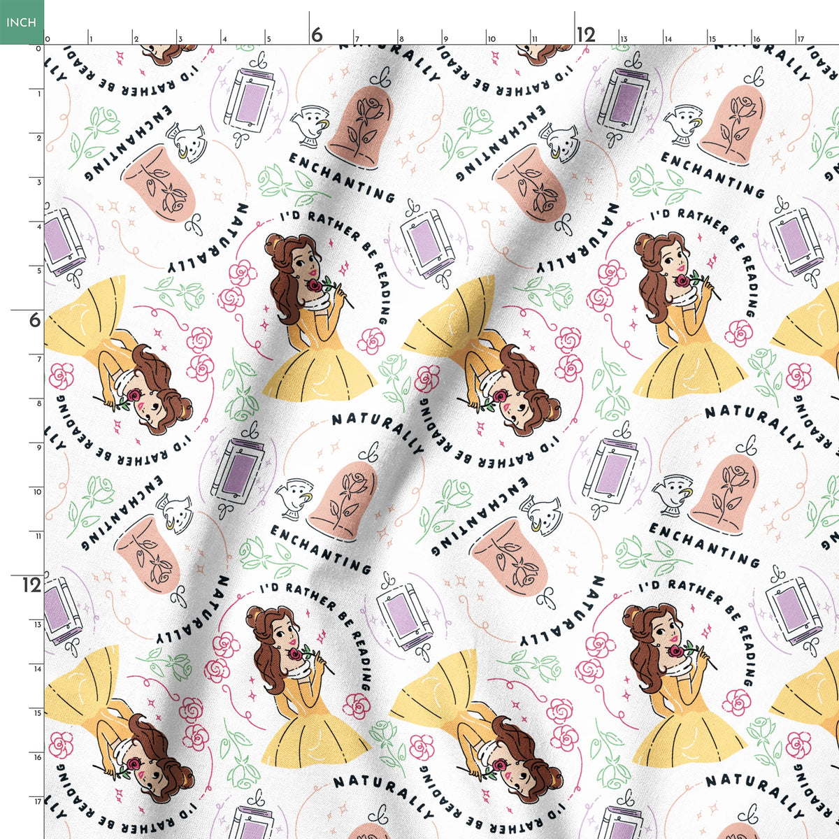 Pattern of cartoon princess in yellow dress with roses, perfume bottles, and phrases like "Enchanting" and "I'd rather be dreaming springs ruler 18x18