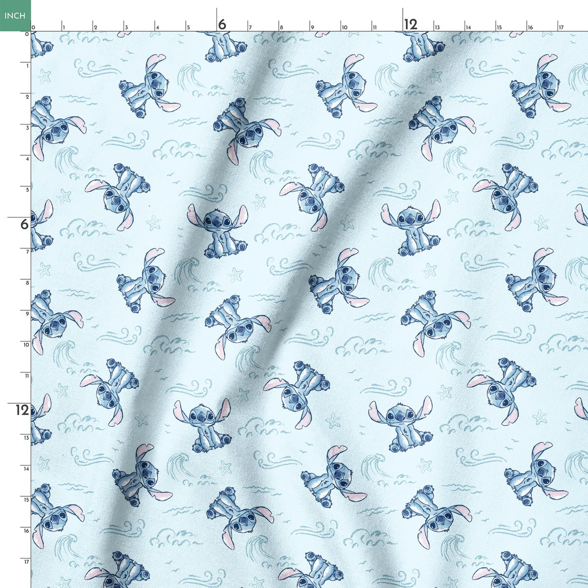 Blue cartoon alien characters with large ears in playful poses against light blue background with swirls and stars pattern springs ruler 18x18