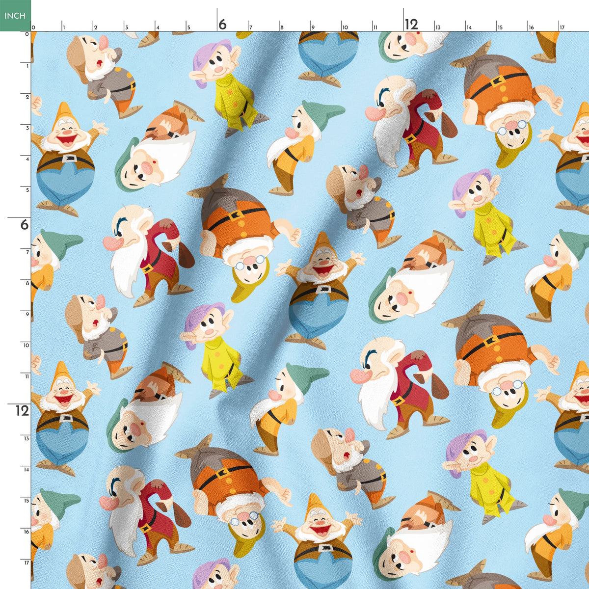 Pattern of cartoon dwarfs in colorful outfits on light blue background springs ruler 18x18