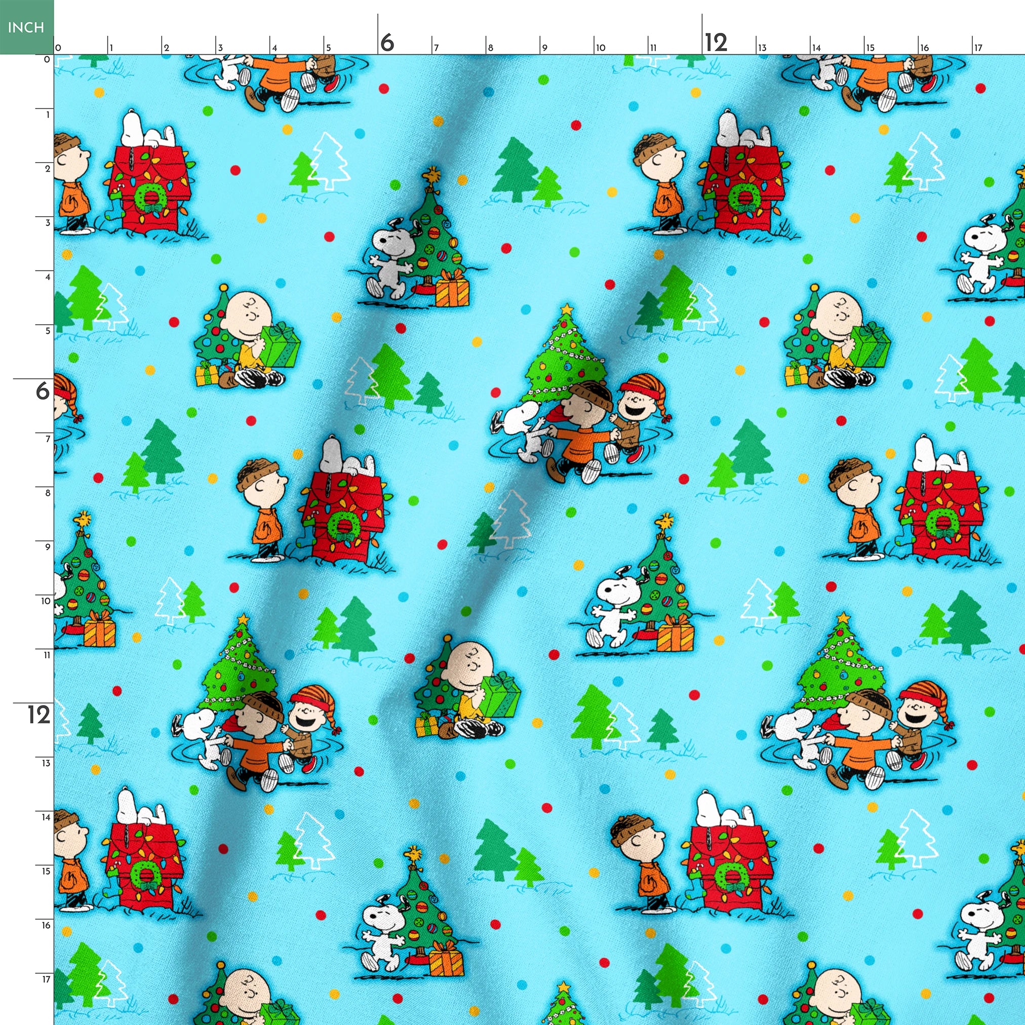 Peanuts Christmas pattern with Snoopy, Charlie Brown, and friends decorating trees on light blue background springs ruler 18x18