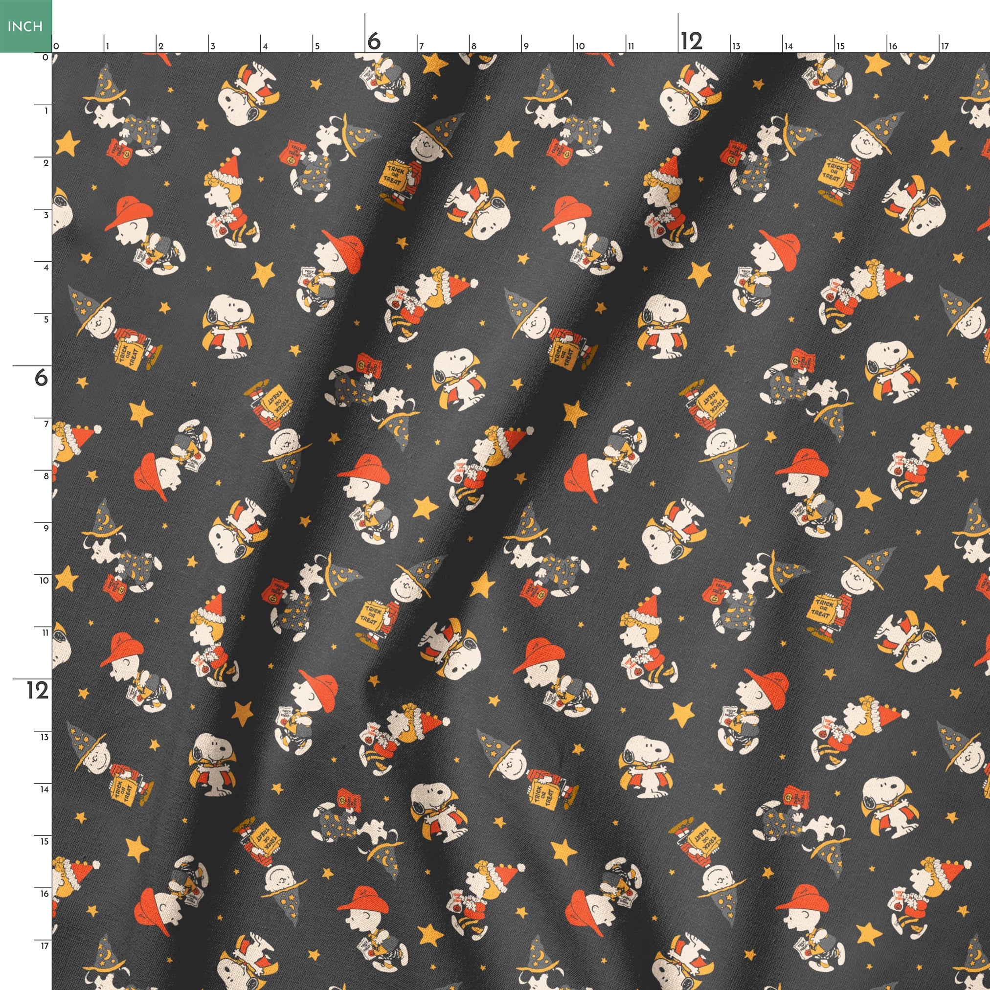 Snoopy cartoon pattern on dark gray background with characters in Halloween costumes and golden stars springs ruler 18x18