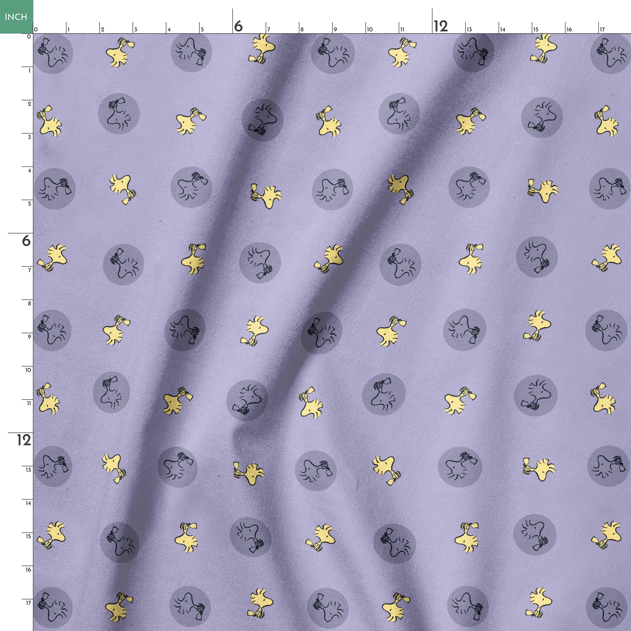 Woodstock alternating with gray circular silhouettes on purple background springs ruler 18x18