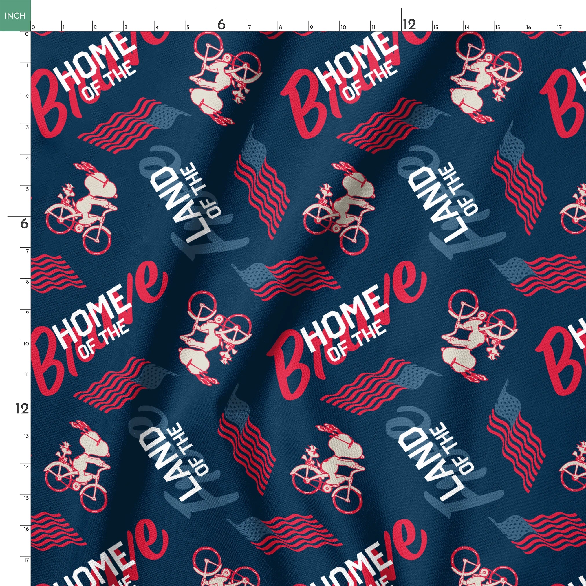 Repeating Peanuts "Home of the Brave" text pattern with bicycles on navy blue background with red wavy lines springs ruler 18x18