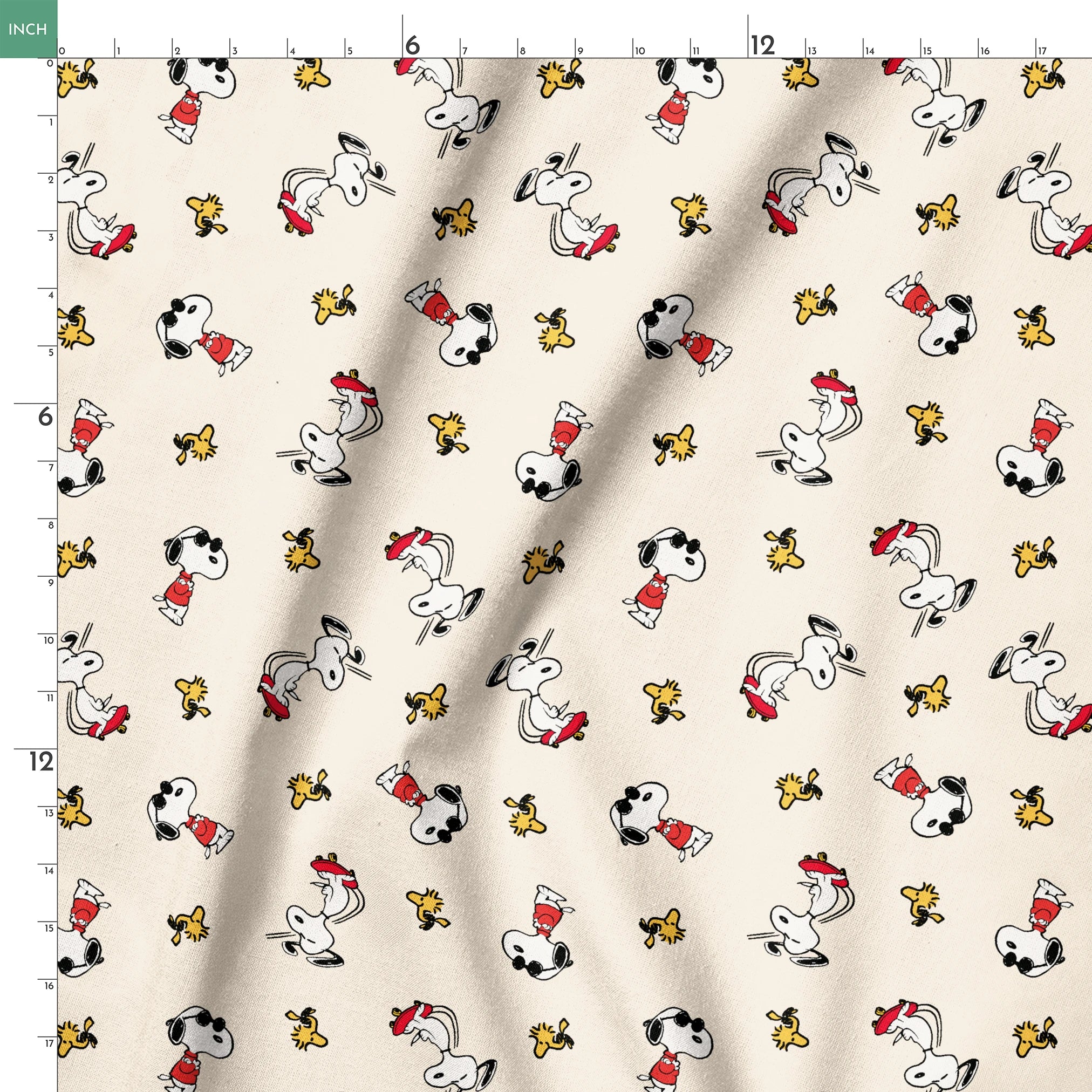 Snoopy and Woodstock on cream background, arranged in pattern springs ruler 18x18