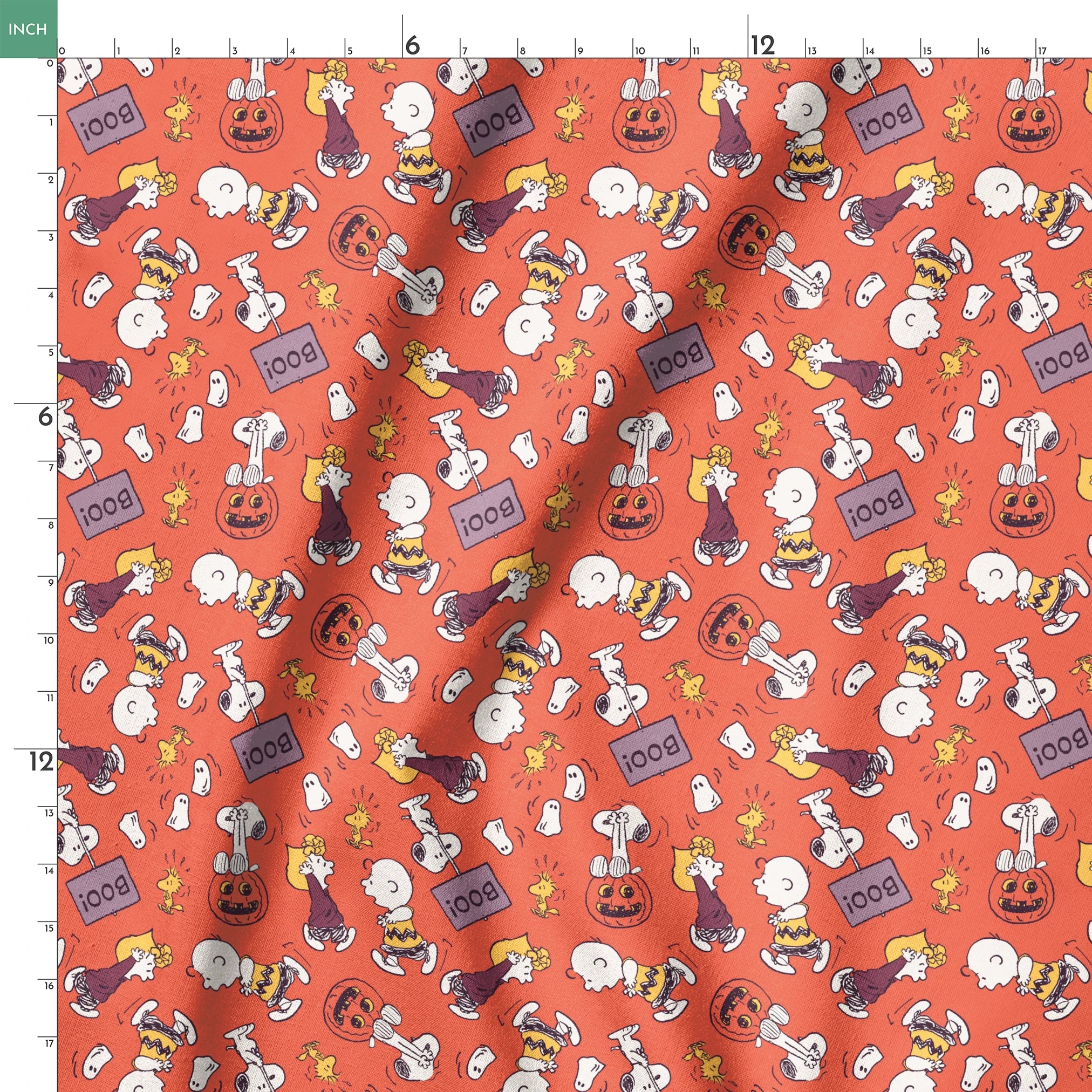 Snoopy and Woodstock Halloween pattern on orange background with pumpkins, ghosts, and "boo" text springs ruler 18x18