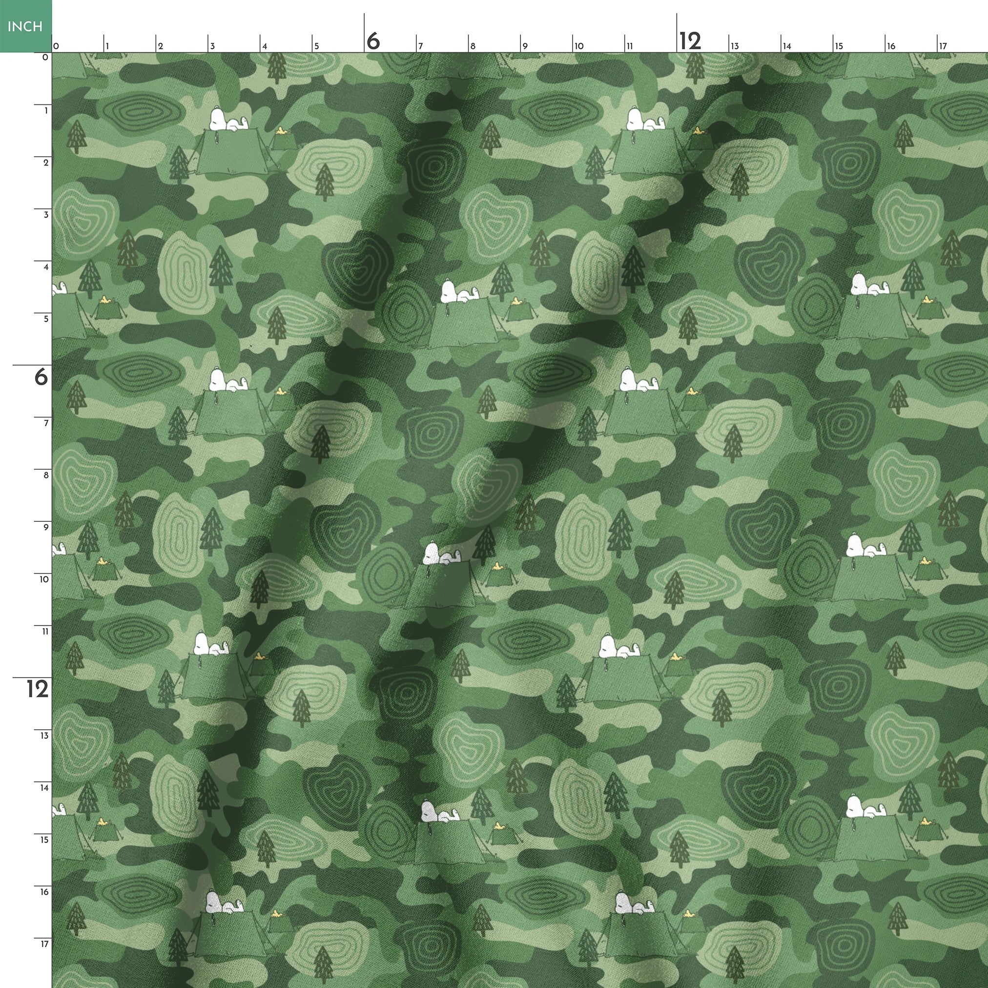Snoopy camping scene with tents and trees on a green camouflage pattern background springs ruler 18x18