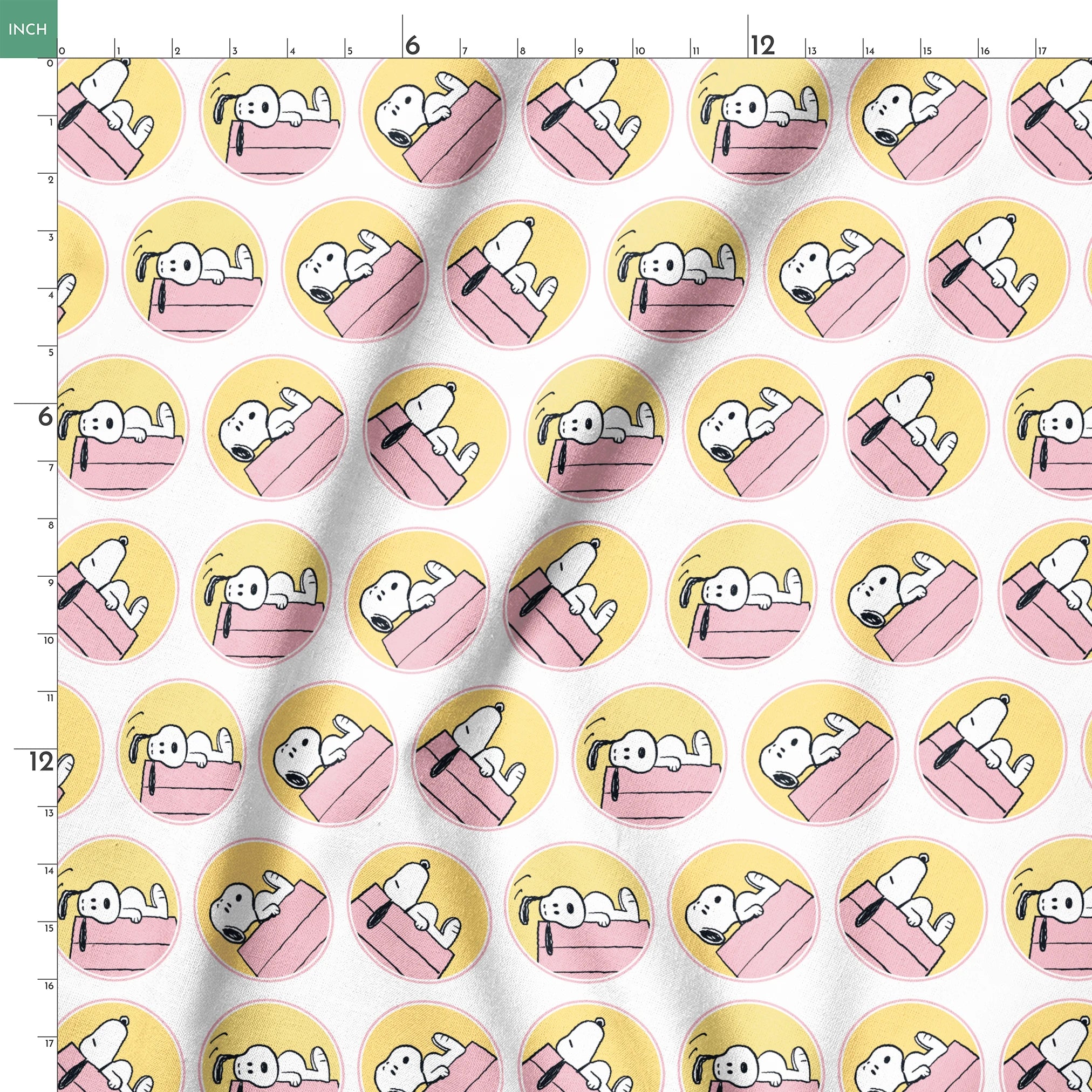 Snoopy lounging on pink doghouse roof in various poses, arranged in circular yellow frames springs ruler 18x18