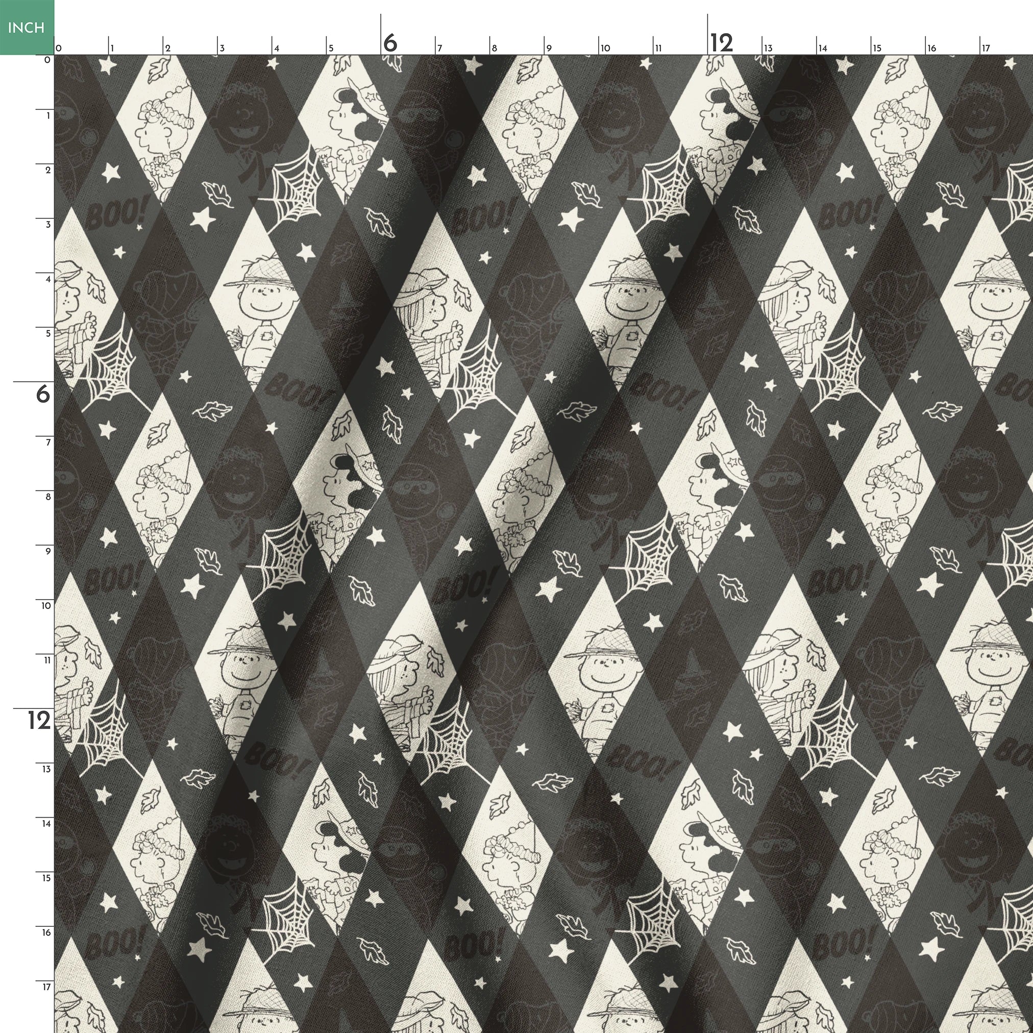 Diamond pattern with Peanuts characters and Halloween motifs in black and cream, featuring spider webs, stars, and "BOO!" text. springs ruler 18x18