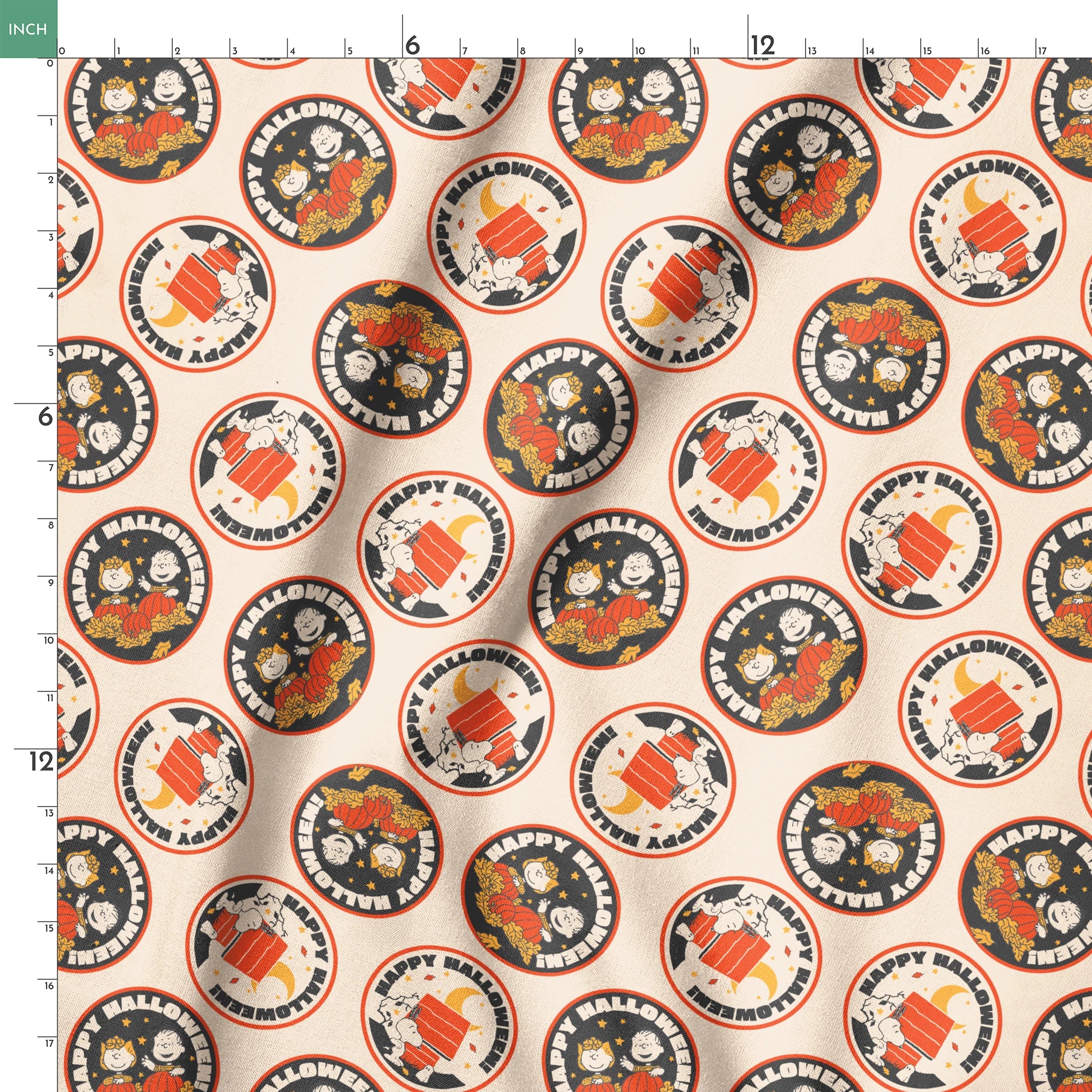 Peanuts Halloween pattern with circular badges featuring characters and "Happy Halloween" text on beige background springs ruler 18x18