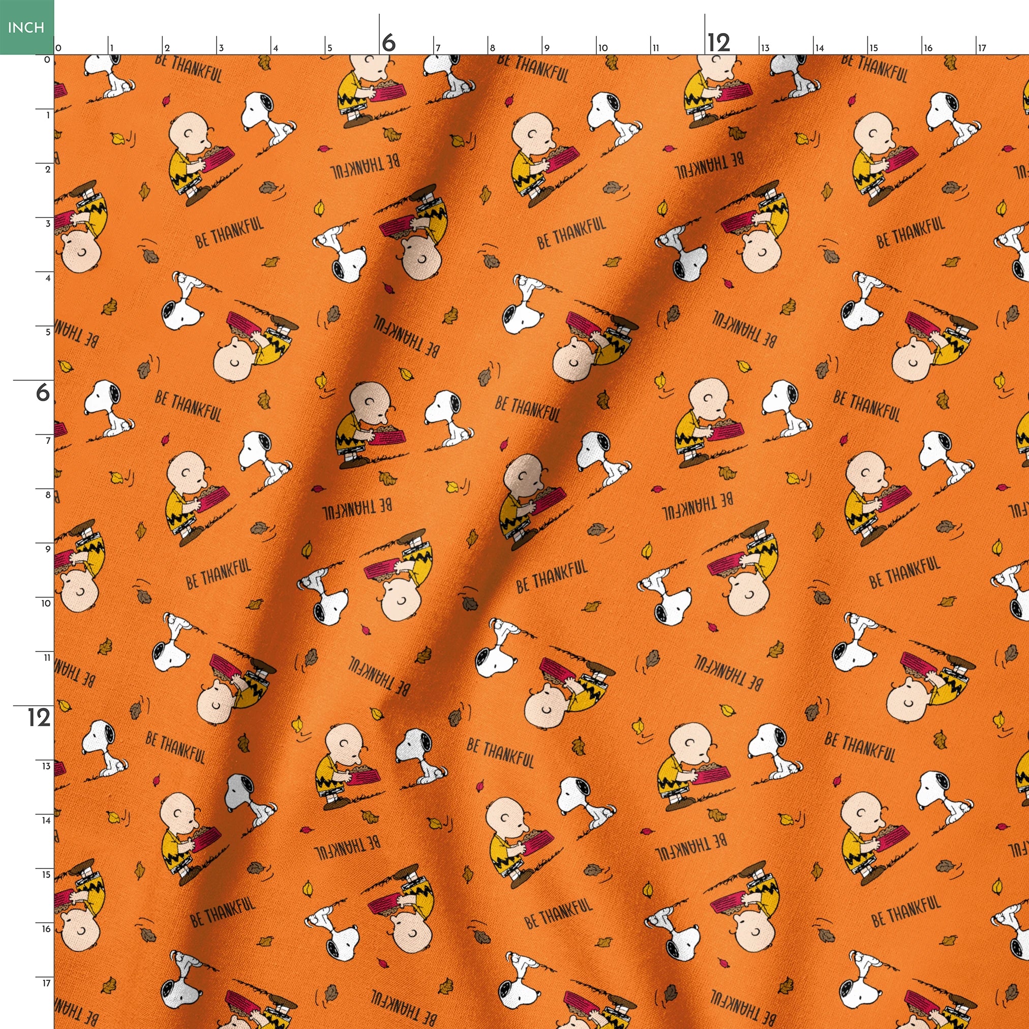 Peanuts characters on orange background with autumn leaves and "Be Thankful" text pattern springs ruler 18x18