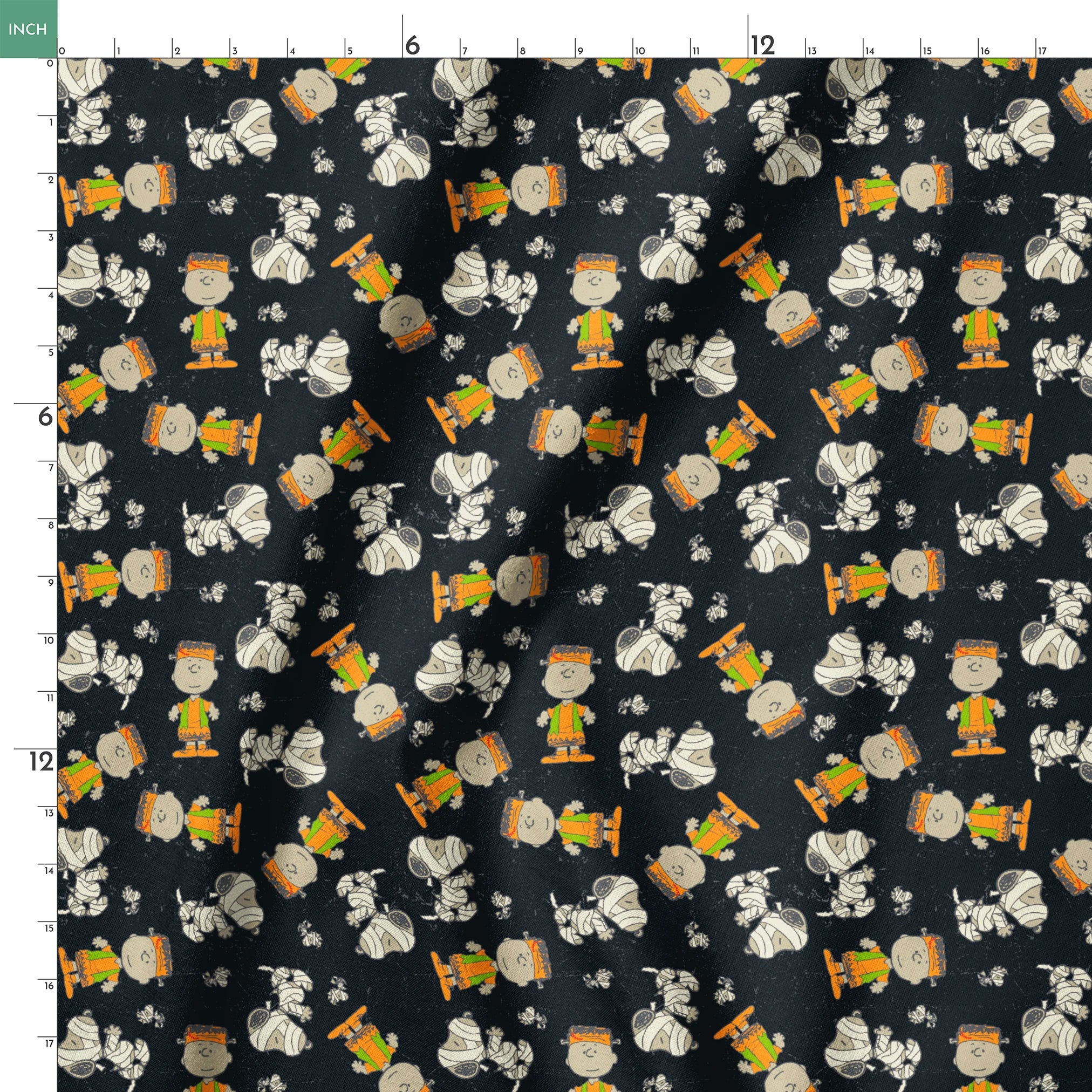 Peanuts characters pattern on black background featuring Snoopy and Charlie Brown in fall outfits springs ruler 18x18