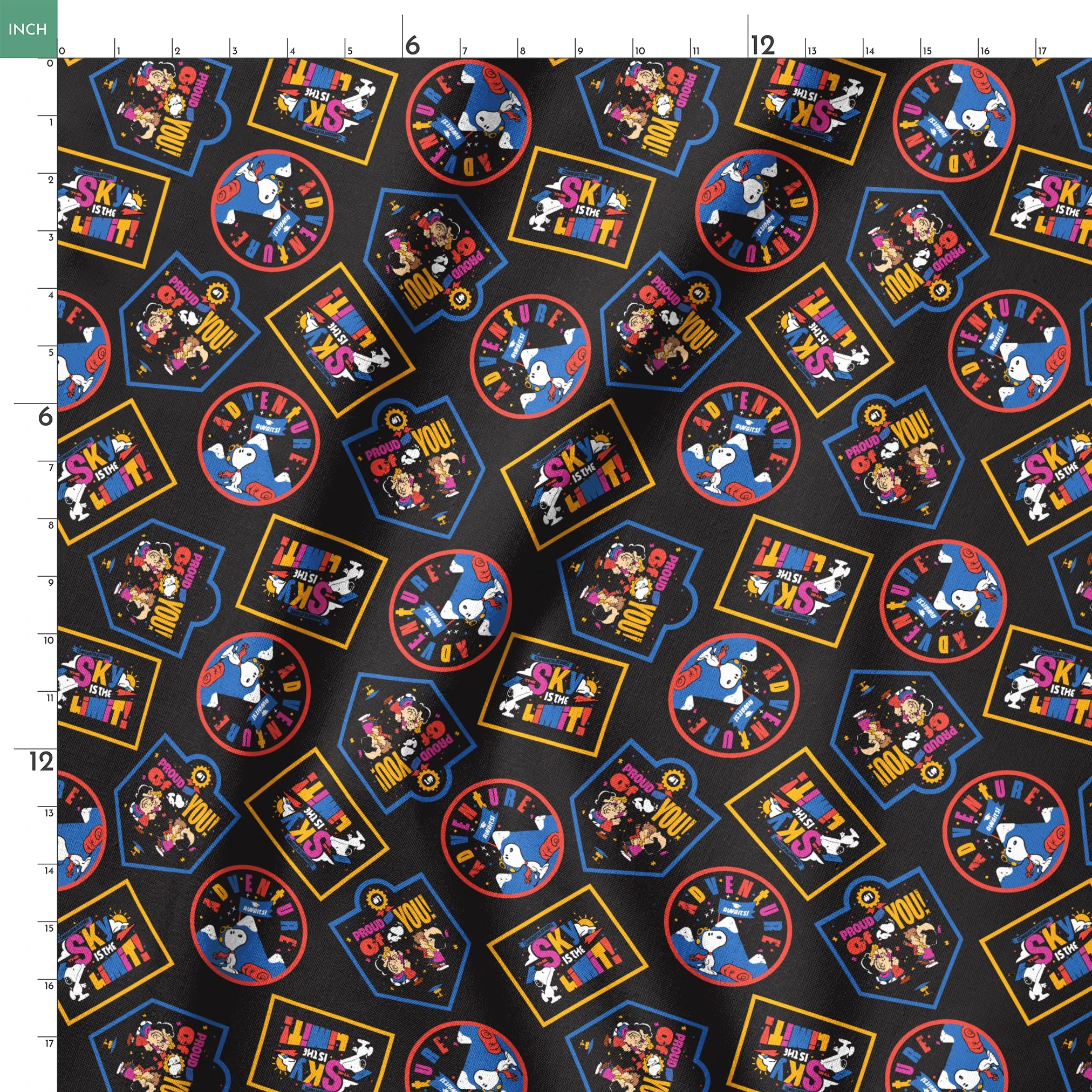 Colorful Peanuts character patches in various shapes on black background, featuring animated figures in vibrant colors springs ruler 18x18
