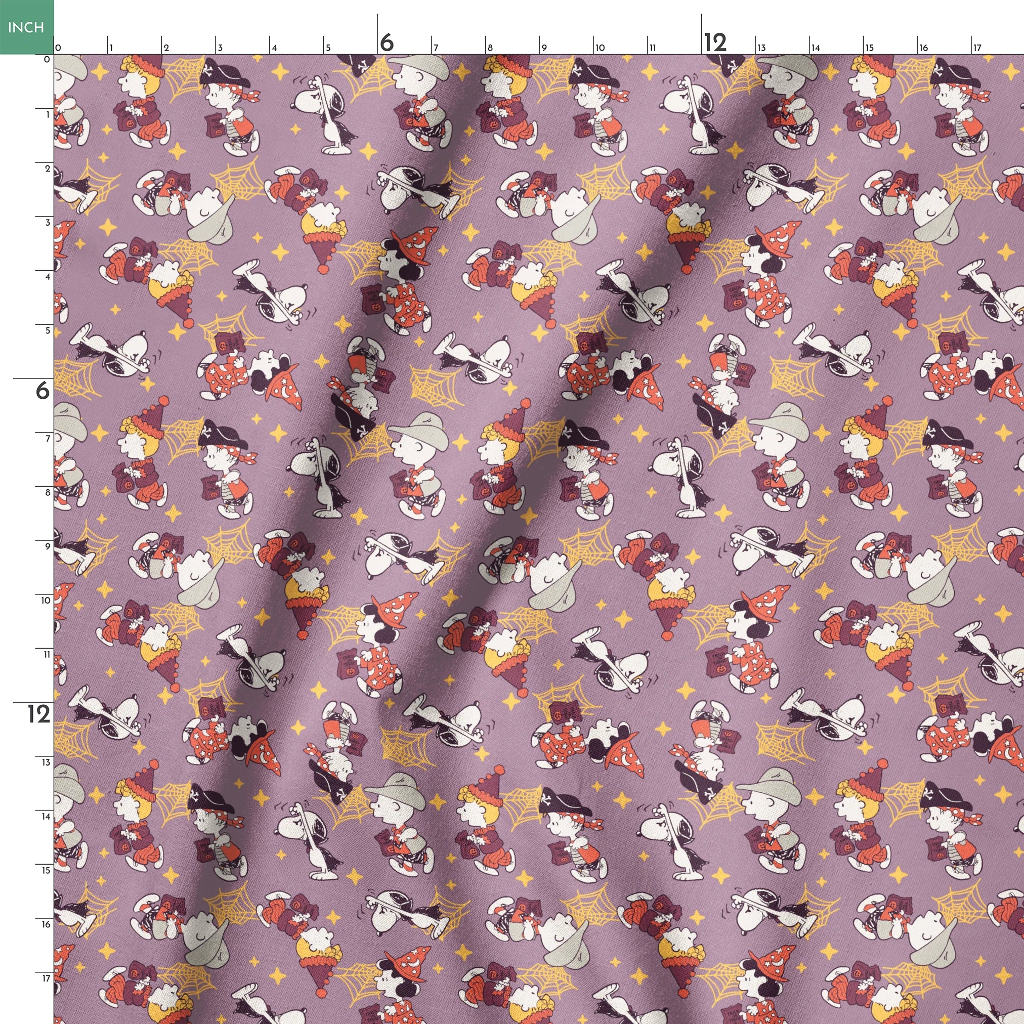 Snoopy and Peanuts characters in fall outfits with pumpkins and stars on purple background springs ruler 18x18