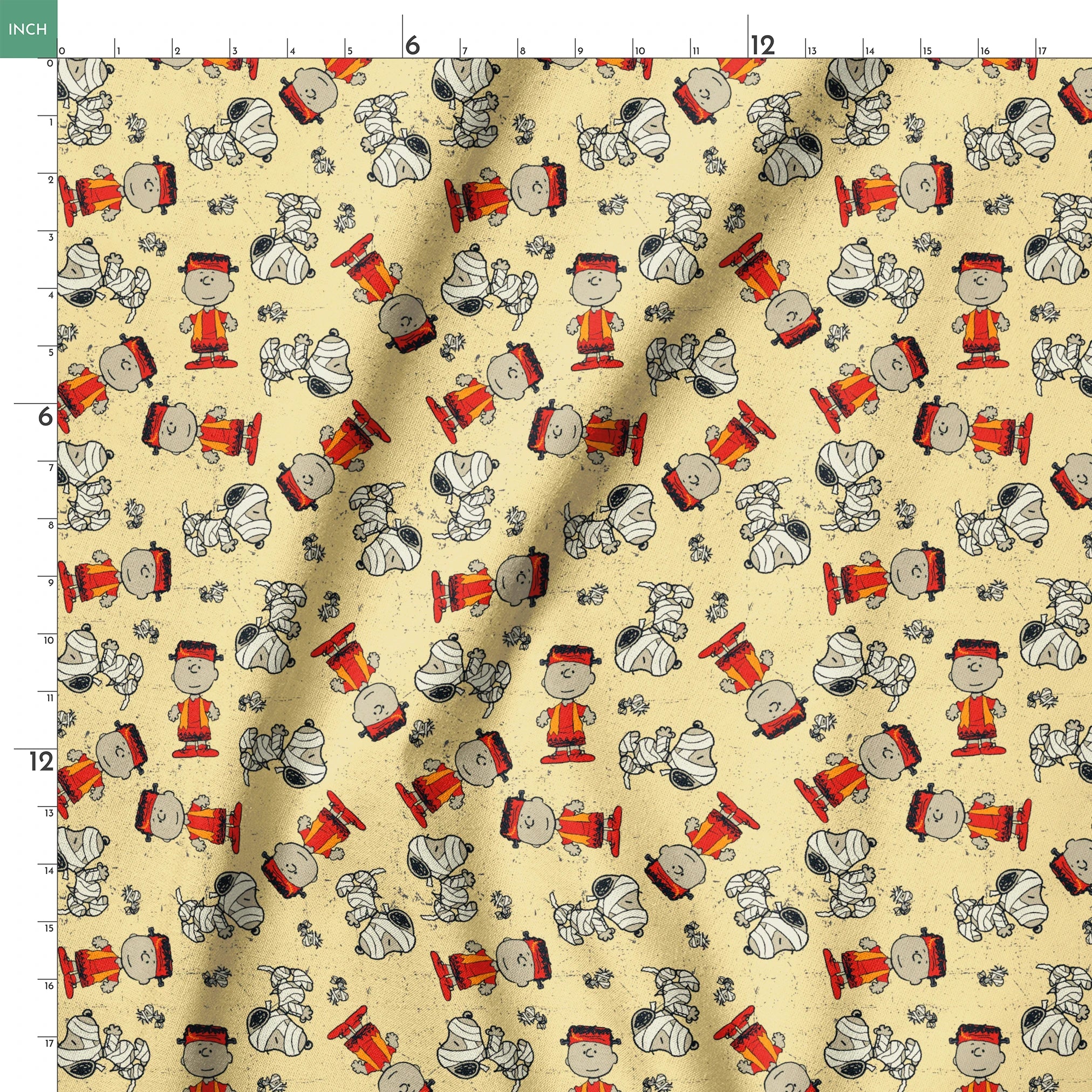 Peanuts characters pattern with Charlie Brown and Snoopy in halloween attire on beige background springs ruler 18x18