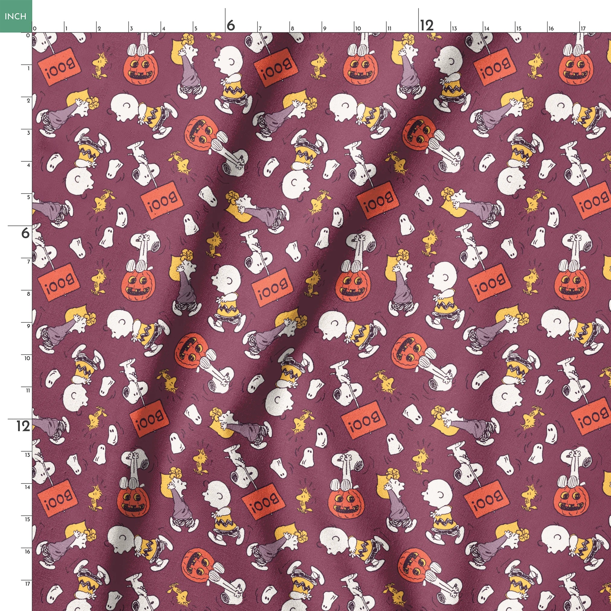 Snoopy and Woodstock Halloween pattern on purple background with pumpkins, ghosts, and "boo!" text springs ruler 18x18
