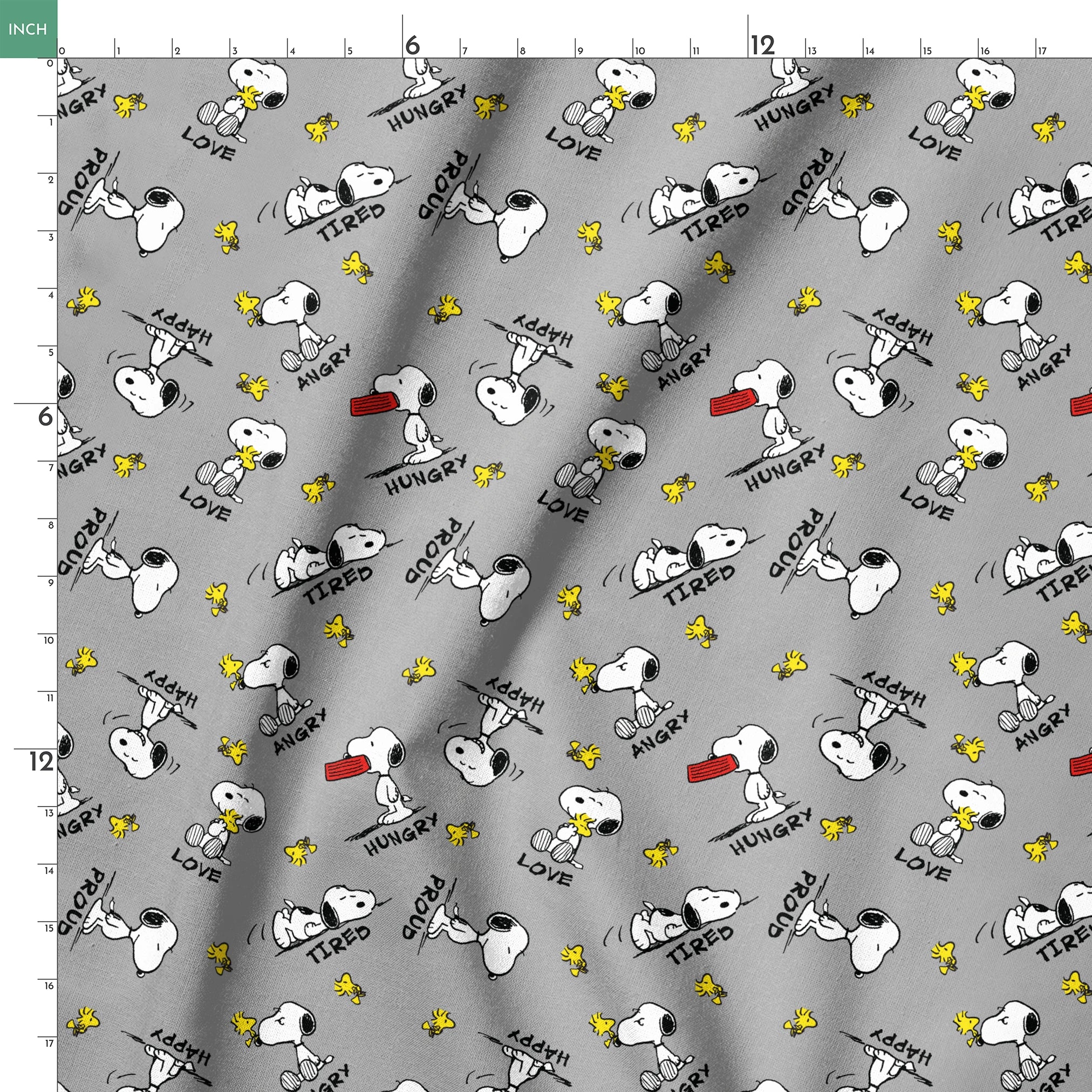 Snoopy cartoon pattern on gray background with emotions like "Hungry" and "Love" with Woodstock springs ruler 18x18