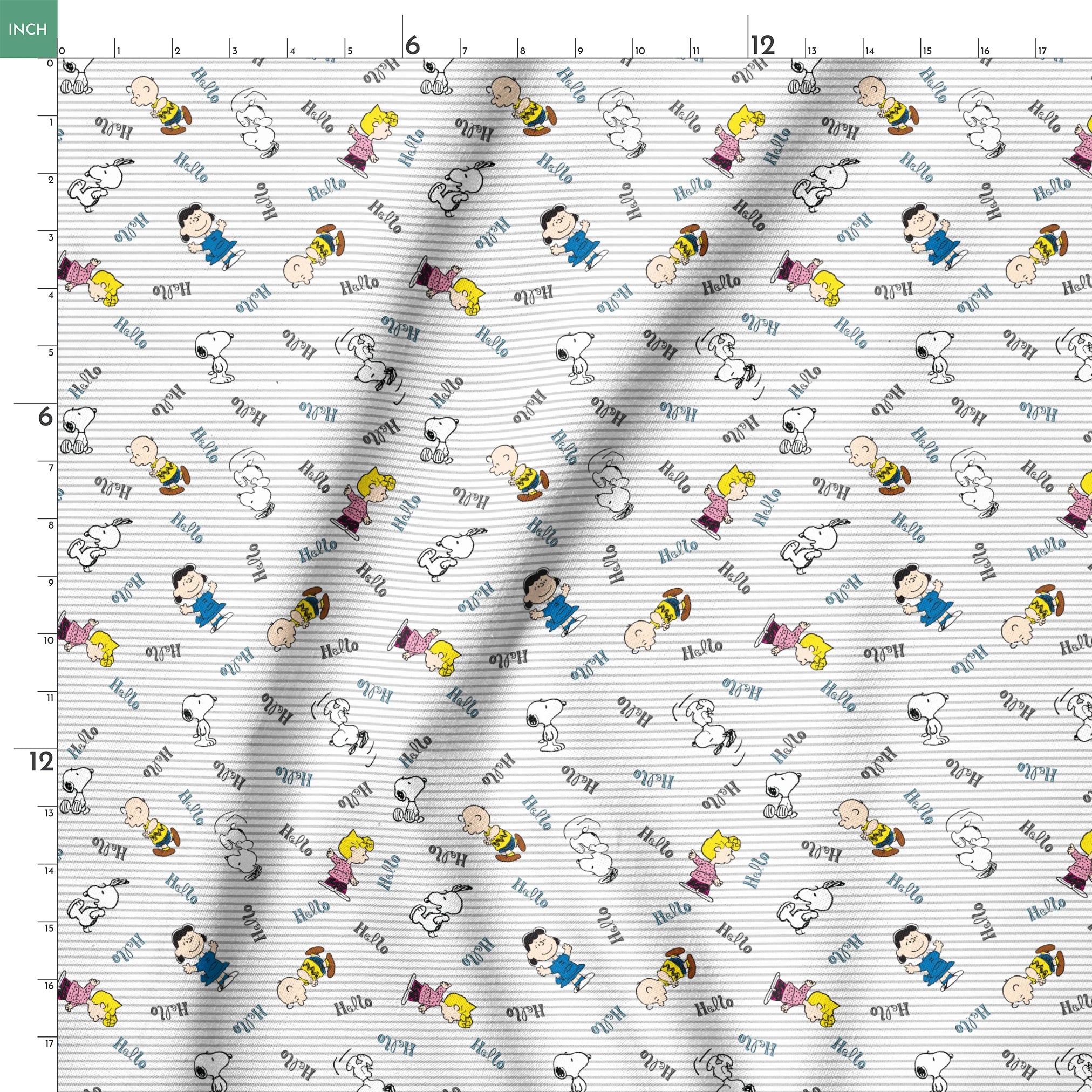 Peanuts cartoon characters scattered on striped background with "hello" text, featuring Snoopy, Charlie Brown, and friends springs ruler 18x18