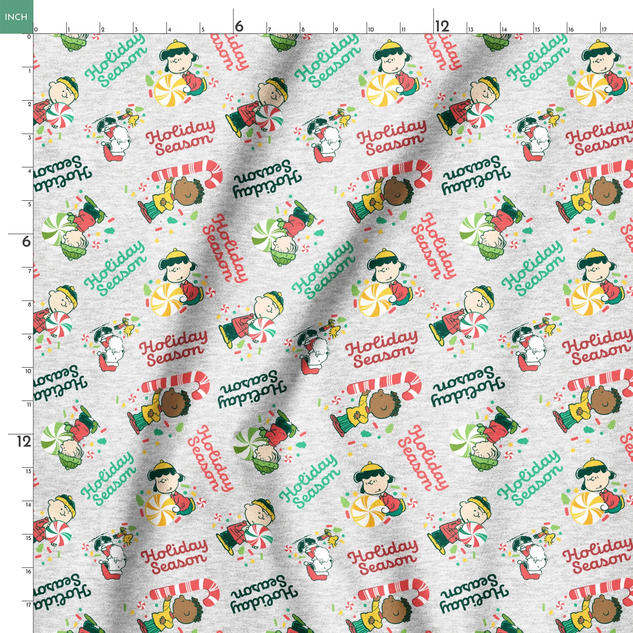 Festive Peanuts characters with candy canes and peppermints on gray background with "Holiday Season" text springs ruler 18x18