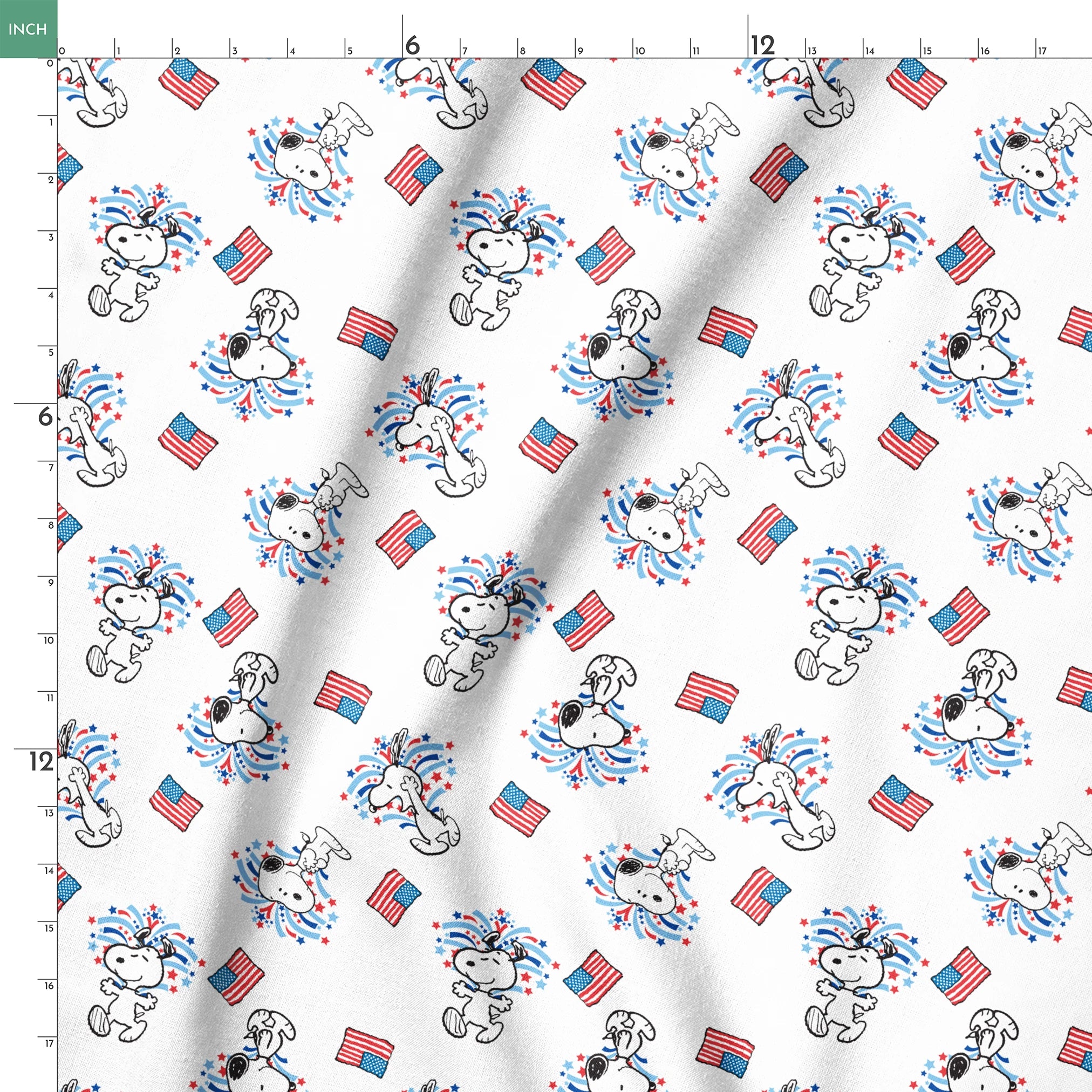 Snoopy with red and blue fireworks pattern alongside American flags on white background springs ruler 18x18