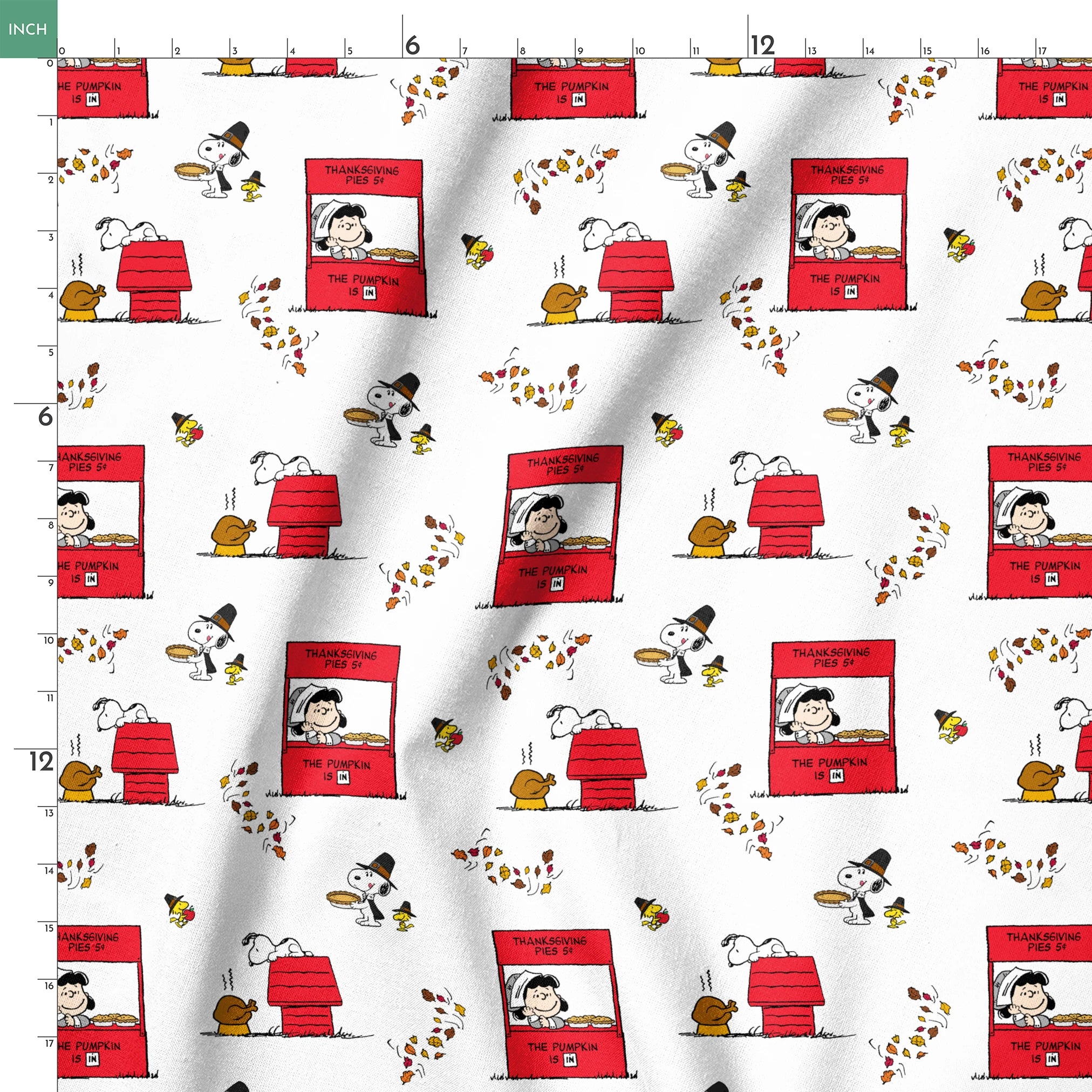 Peanuts Thanksgiving pattern with Snoopy, red booths, doghouses, and falling autumn leaves on white background springs ruler 18x18