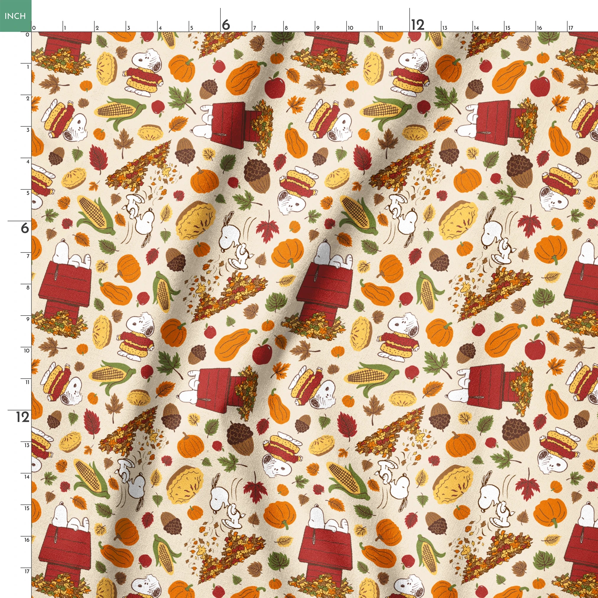 Fall themed pattern with Snoopy, red doghouses, pumpkins, corn, sandwiches, and autumn leaves on cream background springs ruler 18x18