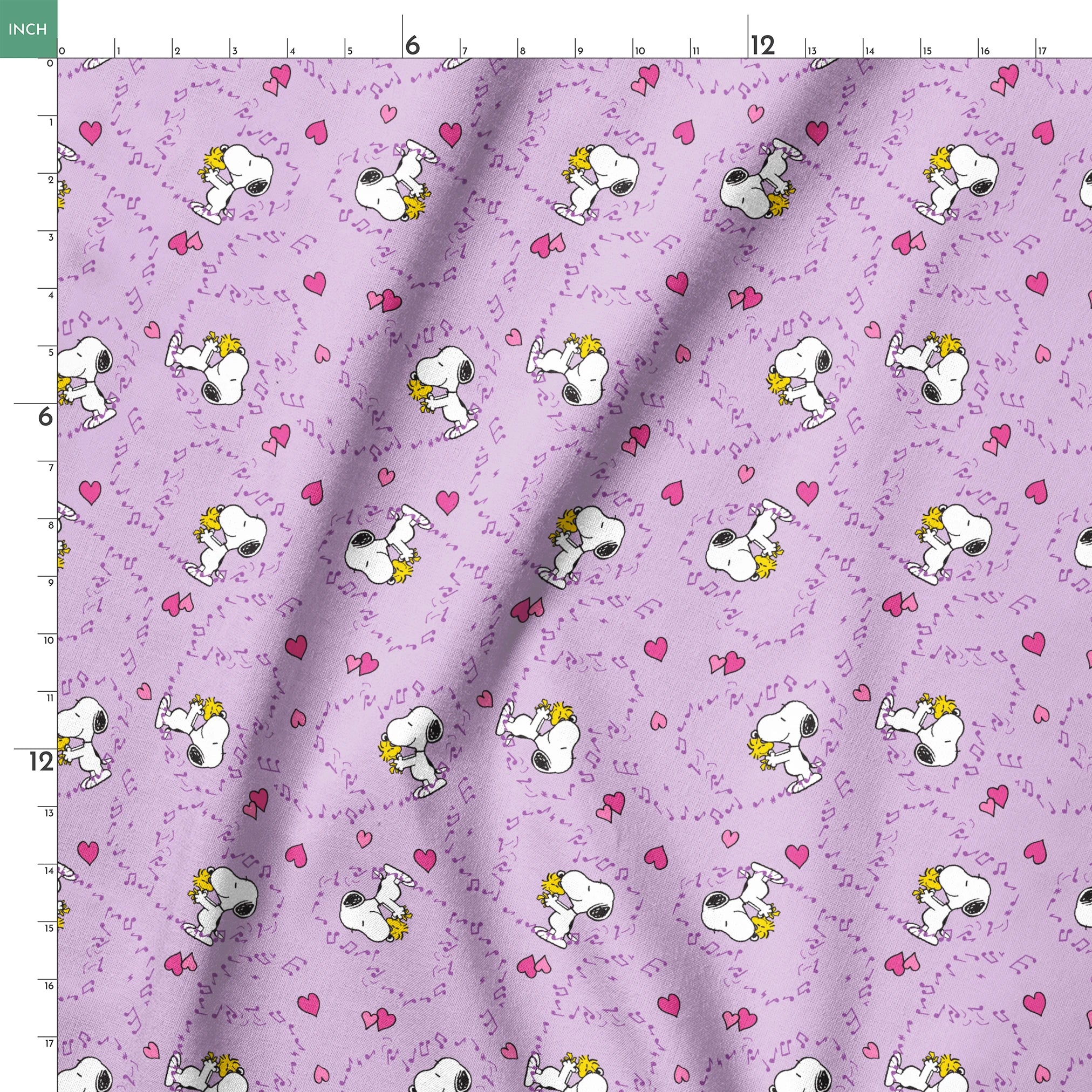 Snoopy and Woodstock on purple background with pink hearts and music notes springs ruler 18x18