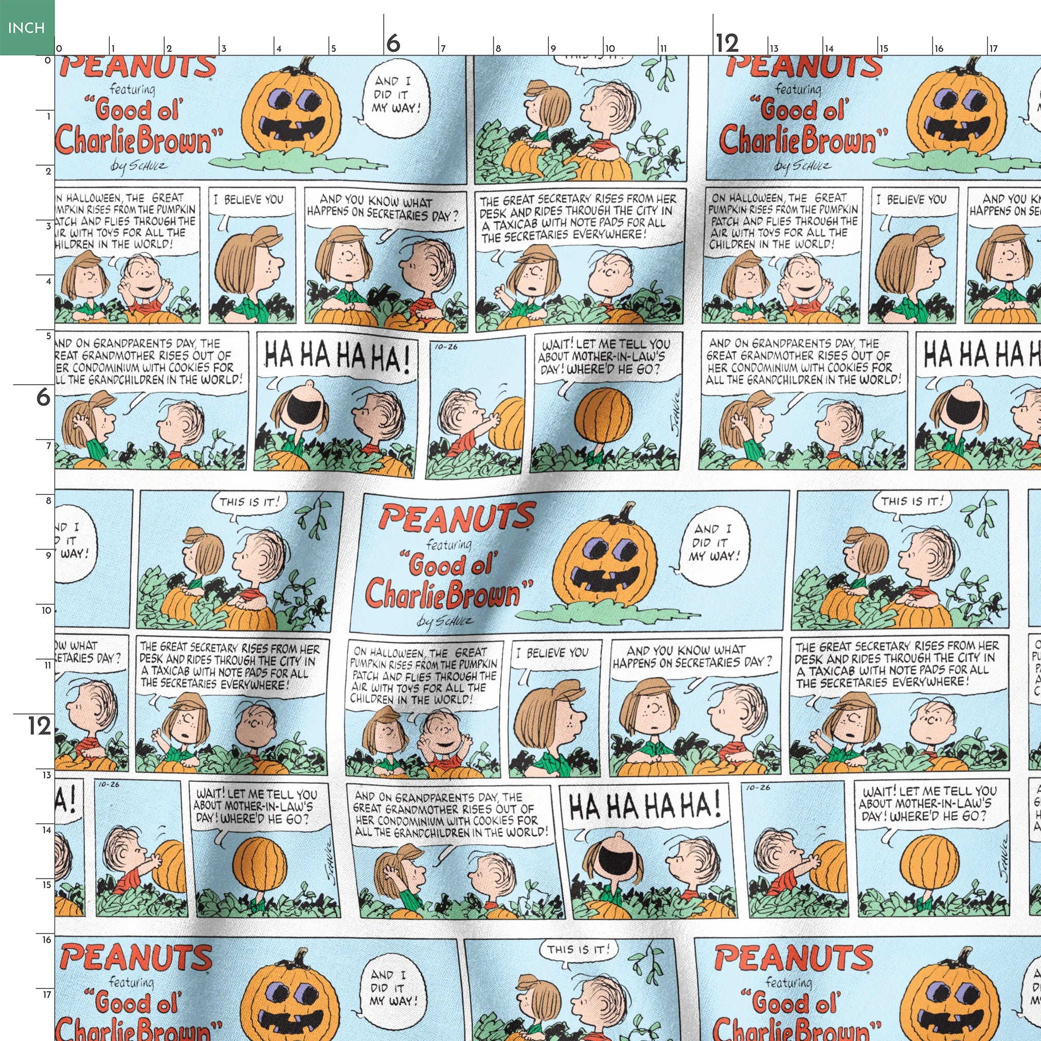 Peanuts comic strip featuring "Great Pumpkin" Halloween storyline with cartoon children and jack-o'-lantern imagery across multiple panels. springs ruler 18x18