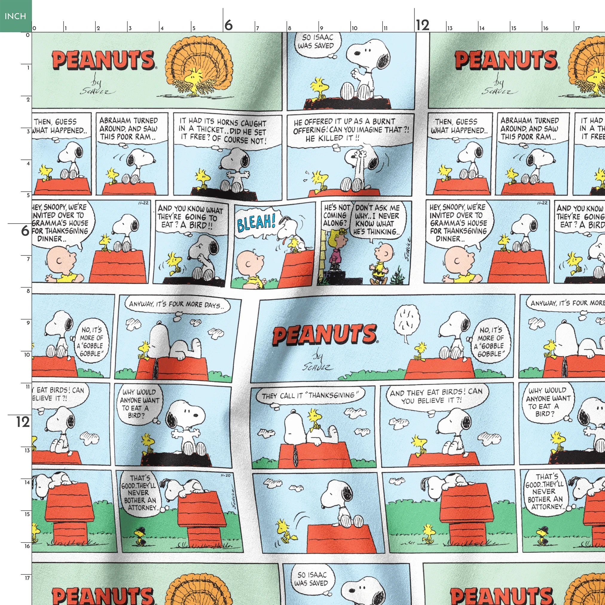 A Peanuts comic strip featuring Snoopy on his red doghouse, shown in multiple panels with Thanksgiving and food-related humor throughout the colorful Sunday format. springs ruler 18x18