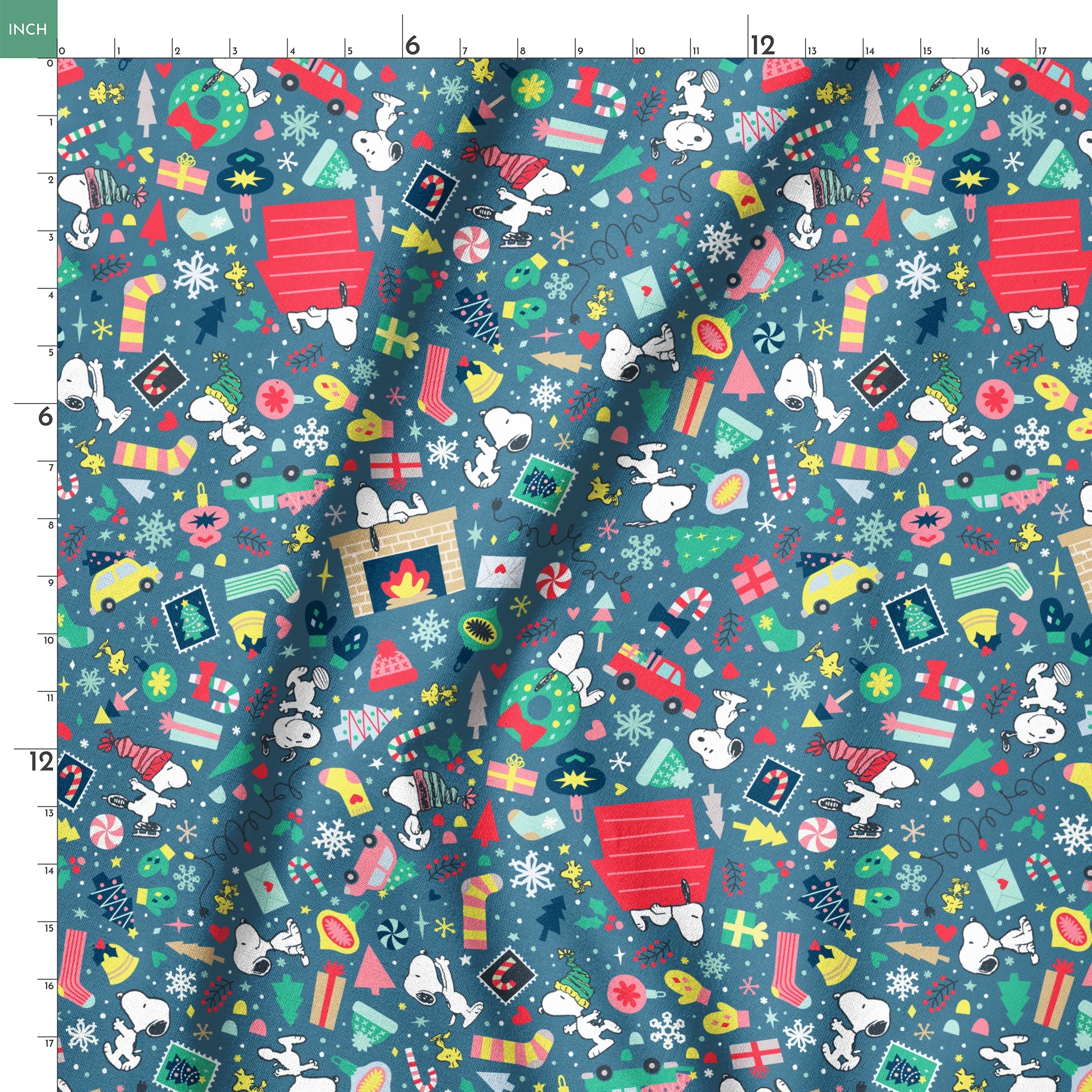 Colorful Peanuts Christmas pattern with festive icons, red mailboxes, presents, houses, and holiday symbols on teal background springs ruler 18x18