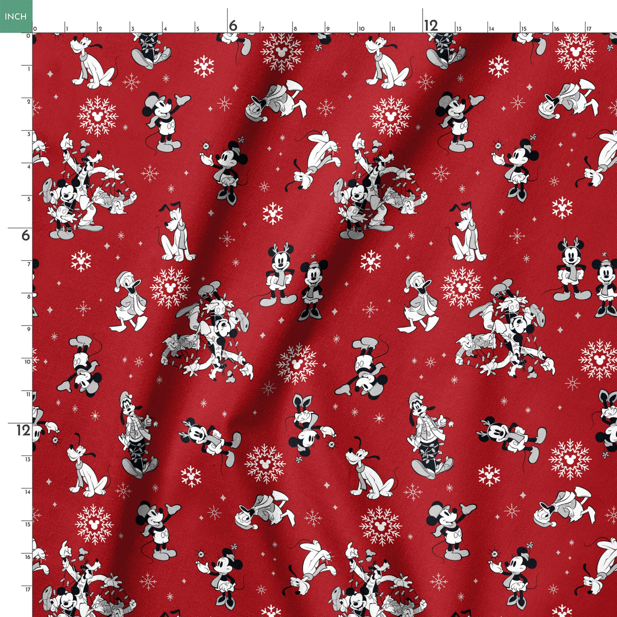 Christmas pattern with Disney characters and snowflakes on red background springs ruler 18x18