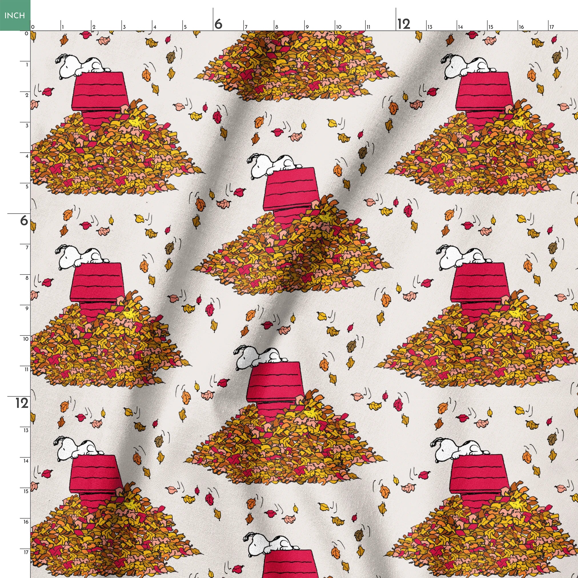 Snoopy and red doghouse on colorful autumn leaf piles with falling leaves pattern on beige background springs ruler 18x18