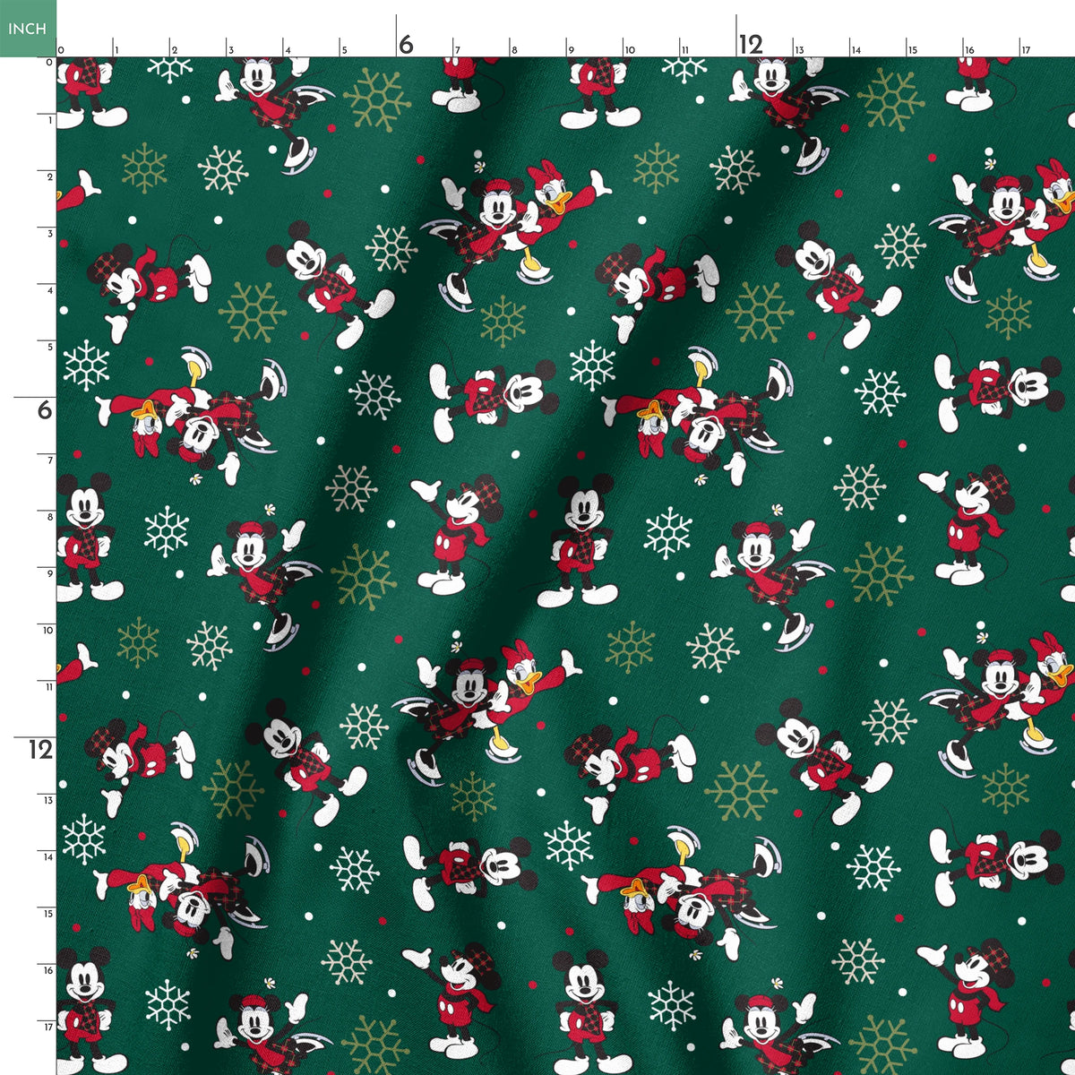 Mickey Mouse Christmas pattern with cartoon characters in winter outfits on green background with snowflakes springs ruler 18x18